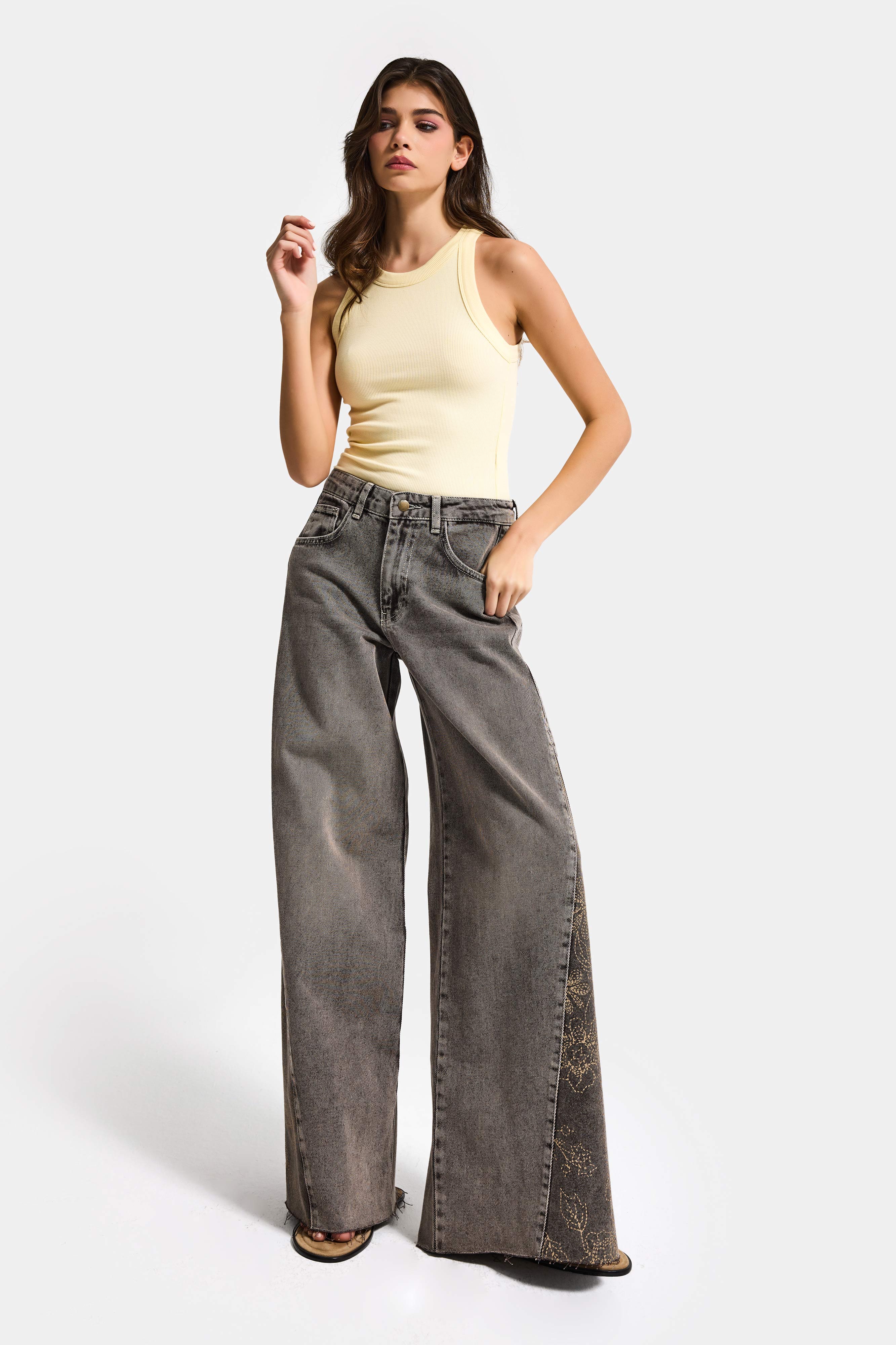 Kadın Kahve 4s6-16 Palazzo Fit Paça Desen Çiçek Nakışlı Özel Tasarım Denim Jean