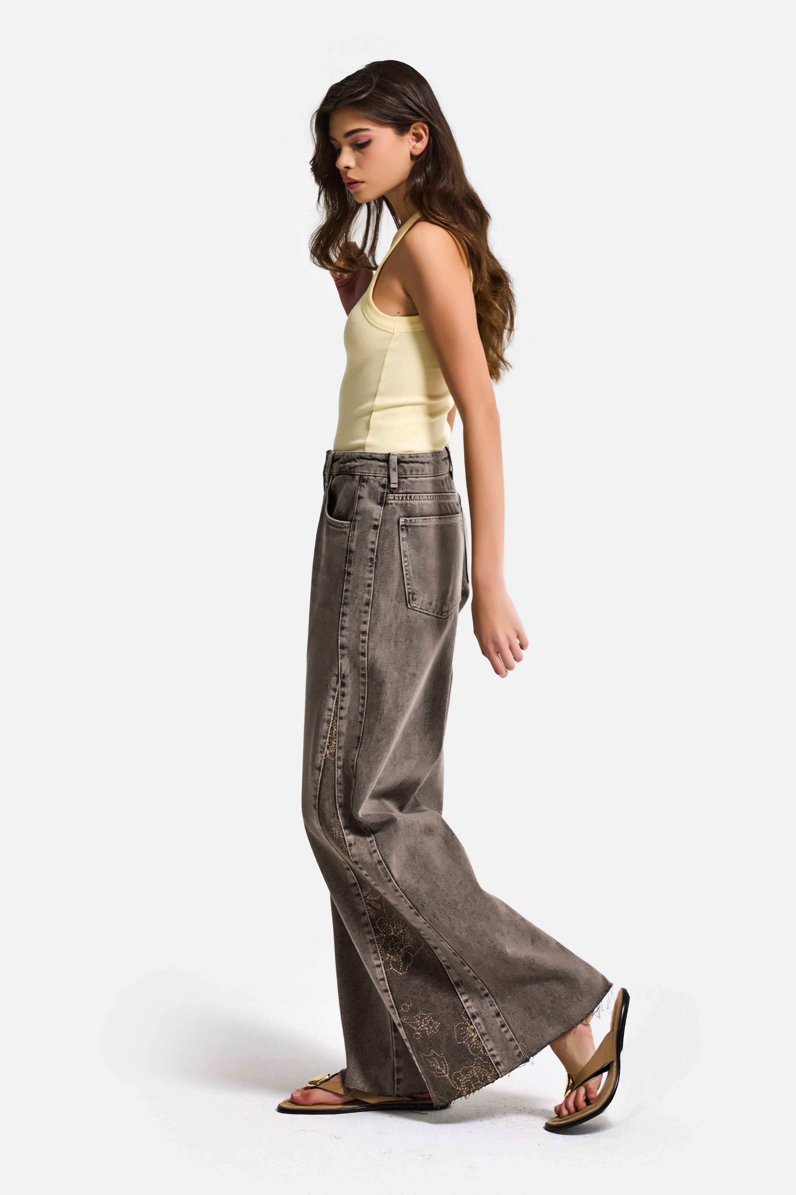 Kadın Kahve 4s6-16 Palazzo Fit Paça Desen Çiçek Nakışlı Özel Tasarım Denim Jean