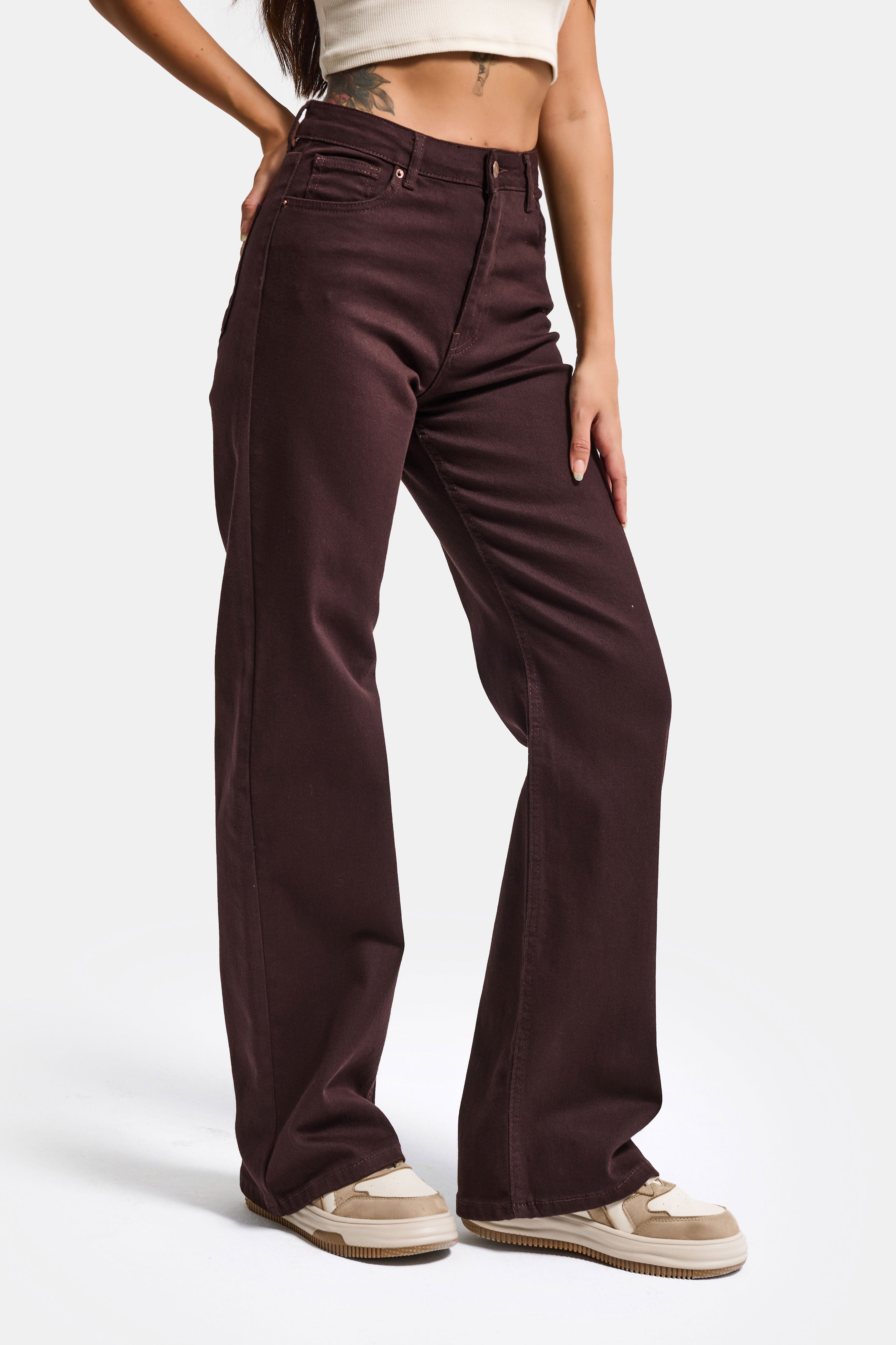 Kadın Kahve 7s6-81 Straight Fit Yüksek Bel Esnek Kumaş Denim Jean