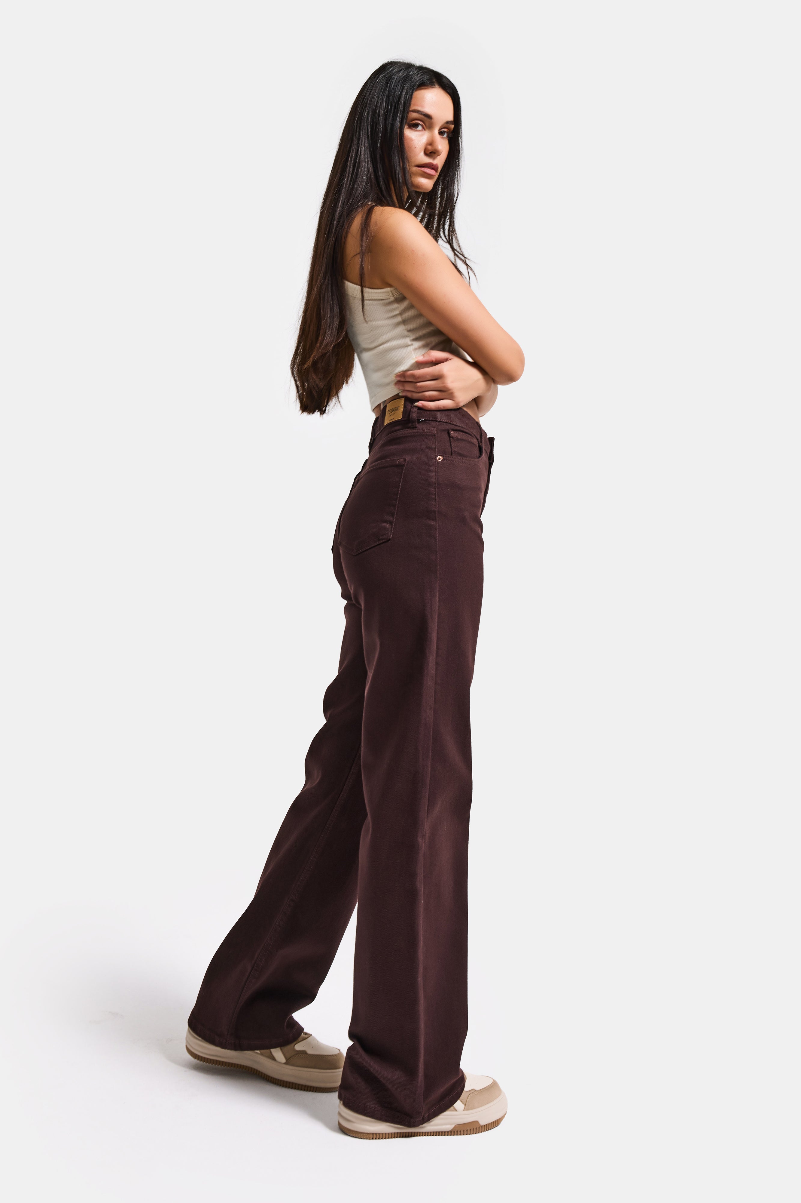 Kadın Kahve 7s6-81 Straight Fit Yüksek Bel Esnek Kumaş Denim Jean