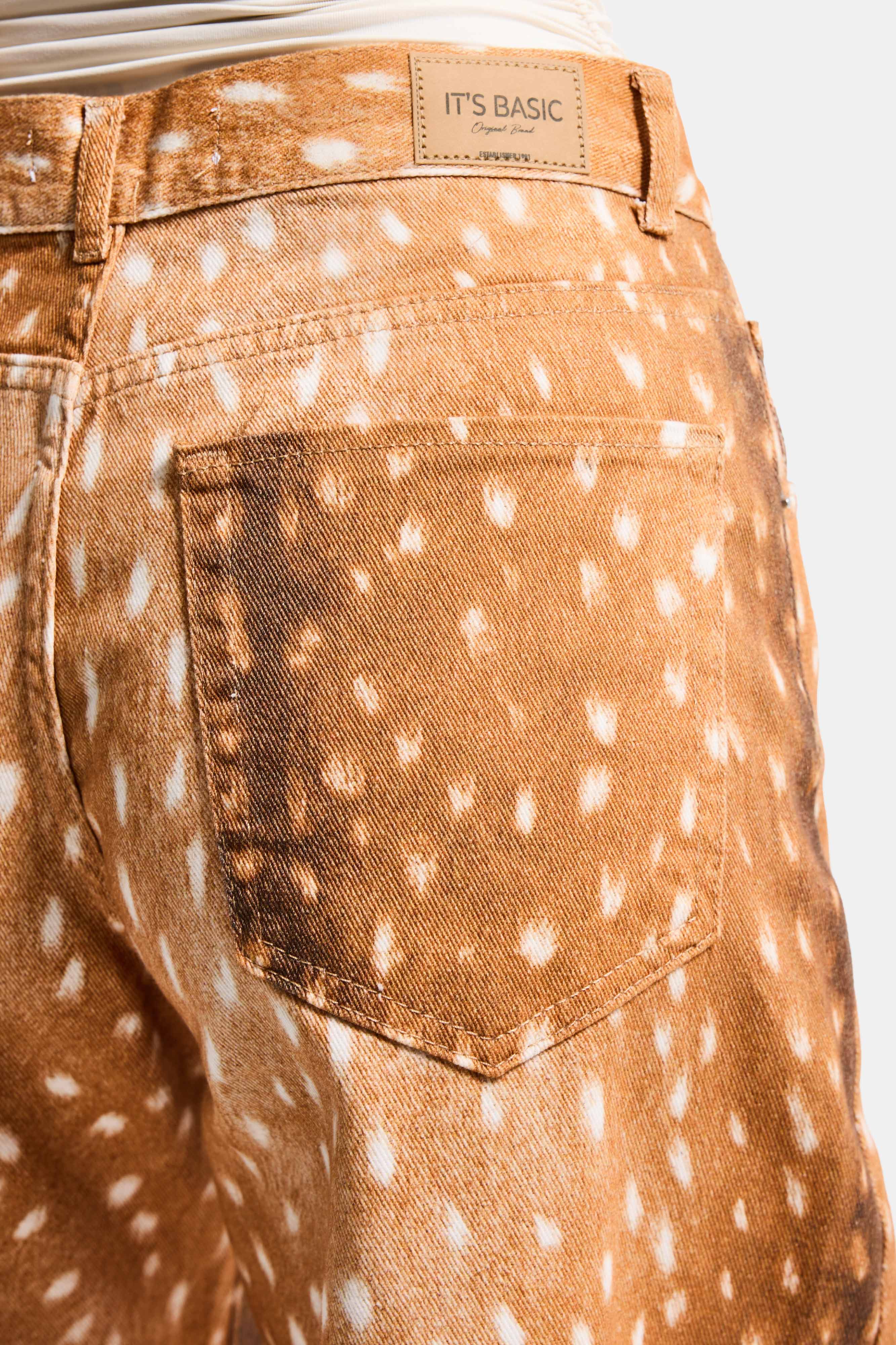 Kadın Kahve 7s6 Bambi Desen Palazzo Fit Özel Kumaş Tasarım Denim Jean