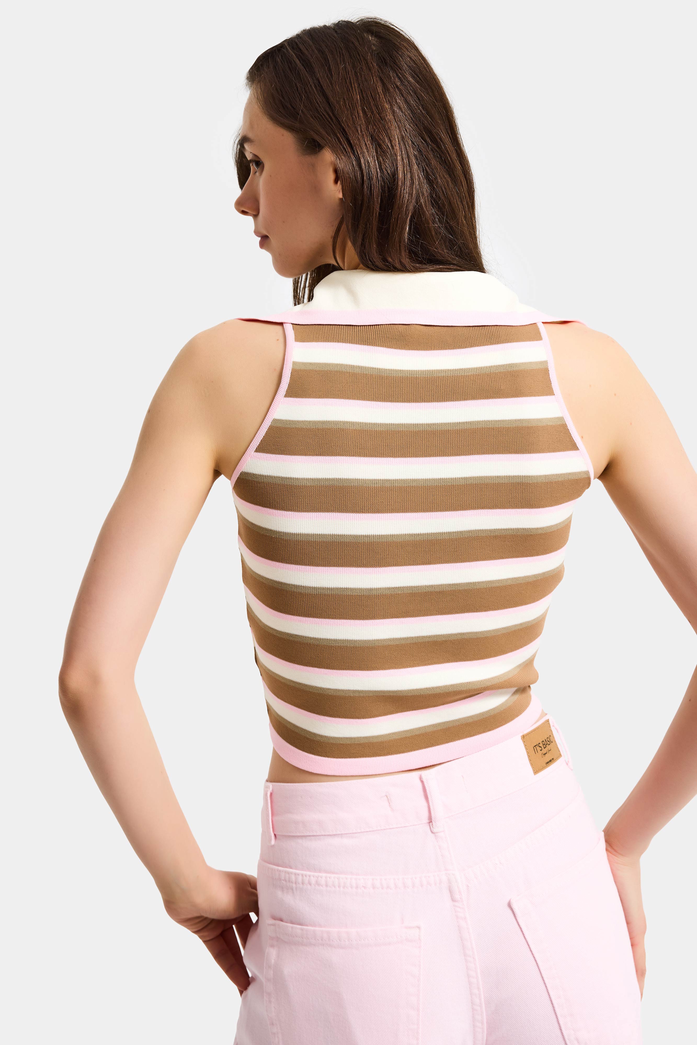 Kadın Kahve Bej s6-98 Crop Fit Polo Yaka İnce Yazlık Triko Body