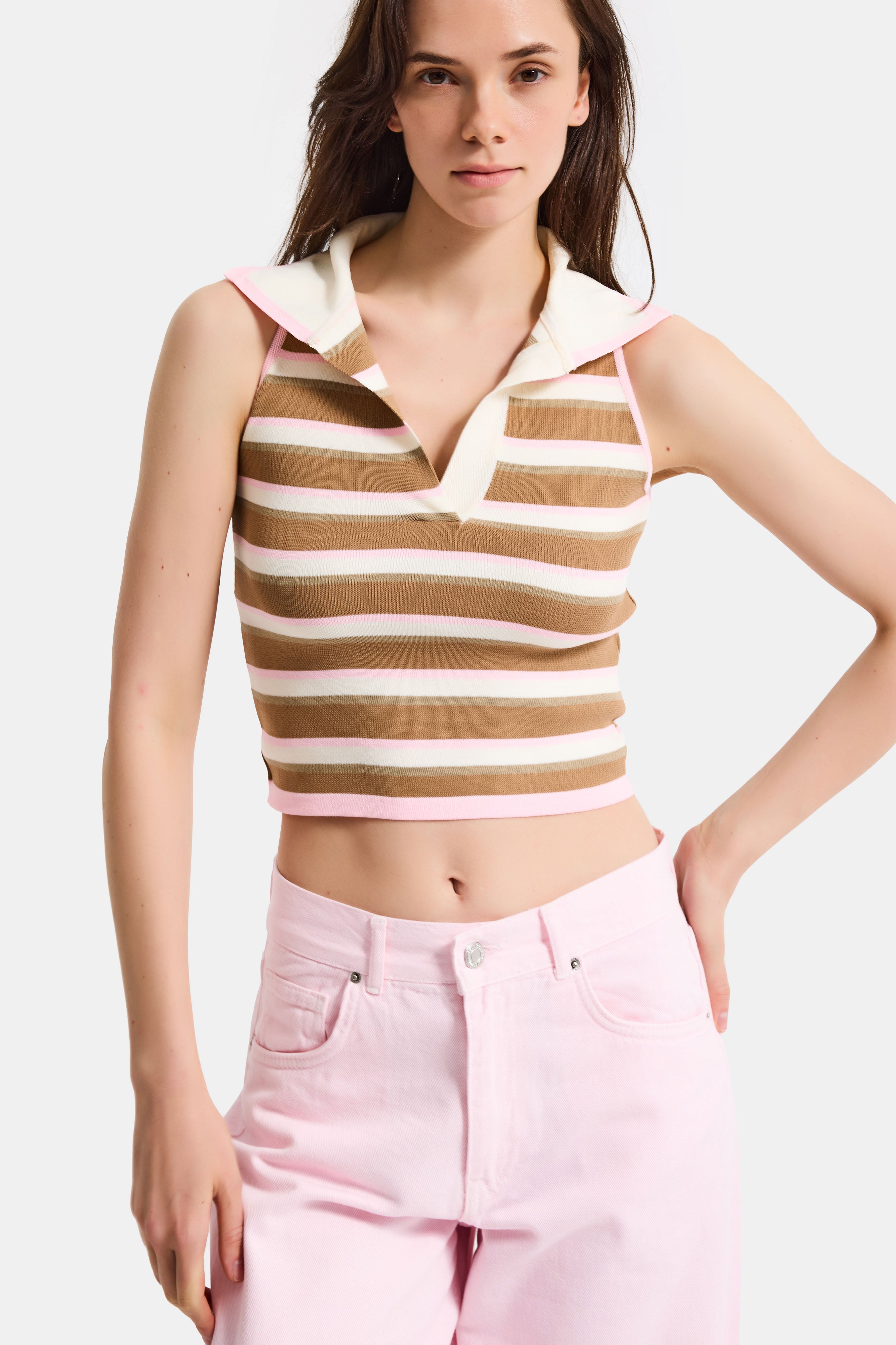 Kadın Kahve Bej s6-98 Crop Fit Polo Yaka İnce Yazlık Triko Body