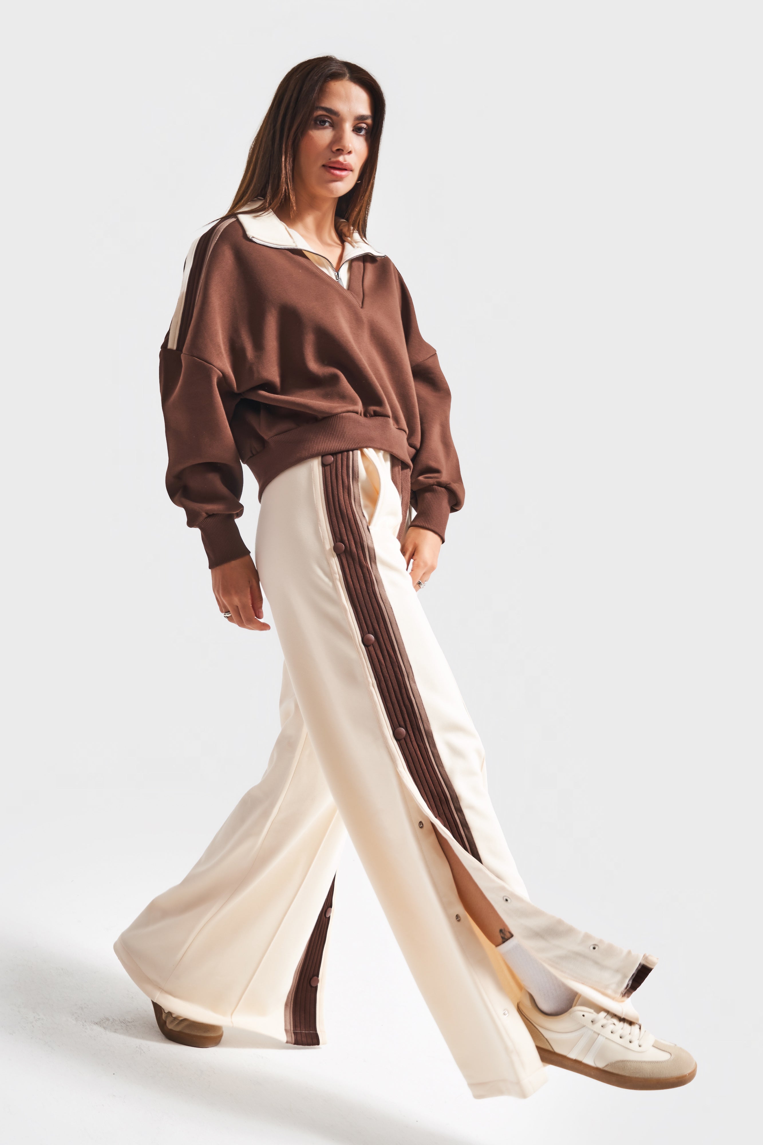 Kadın Kahve Bej w5-16 Sweatshirt ve Eşofman Pantolon 2'li Kombin Tasarım Takım