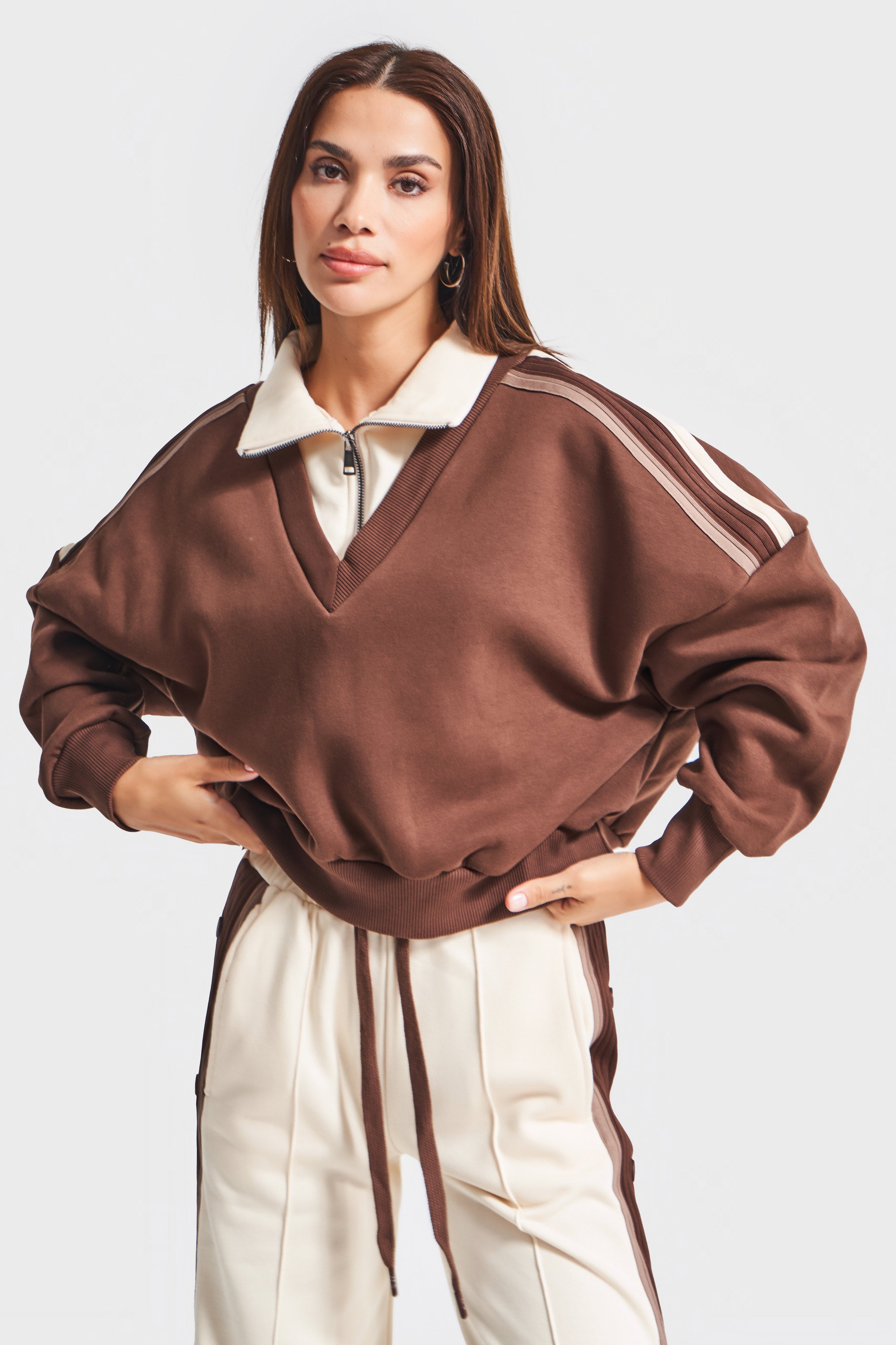 Kadın Kahve Bej w5-16 Sweatshirt ve Eşofman Pantolon 2'li Kombin Tasarım Takım