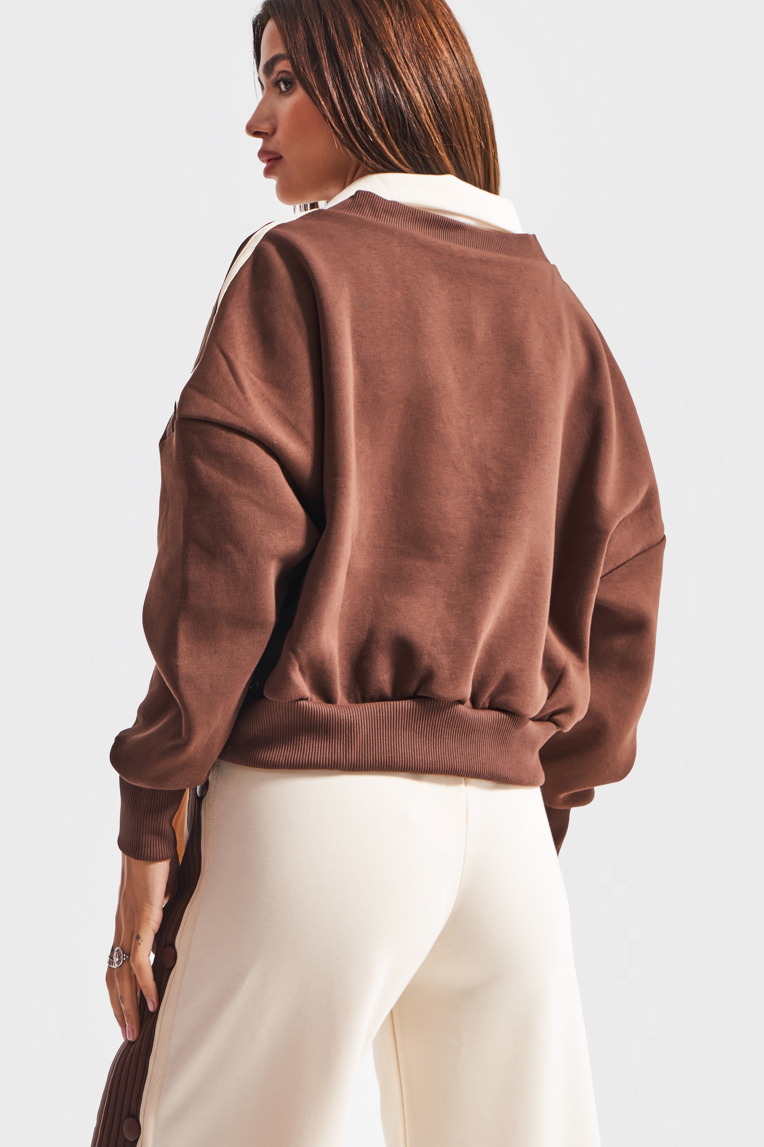 Kadın Kahve Bej w5-16 Sweatshirt ve Eşofman Pantolon 2'li Kombin Tasarım Takım