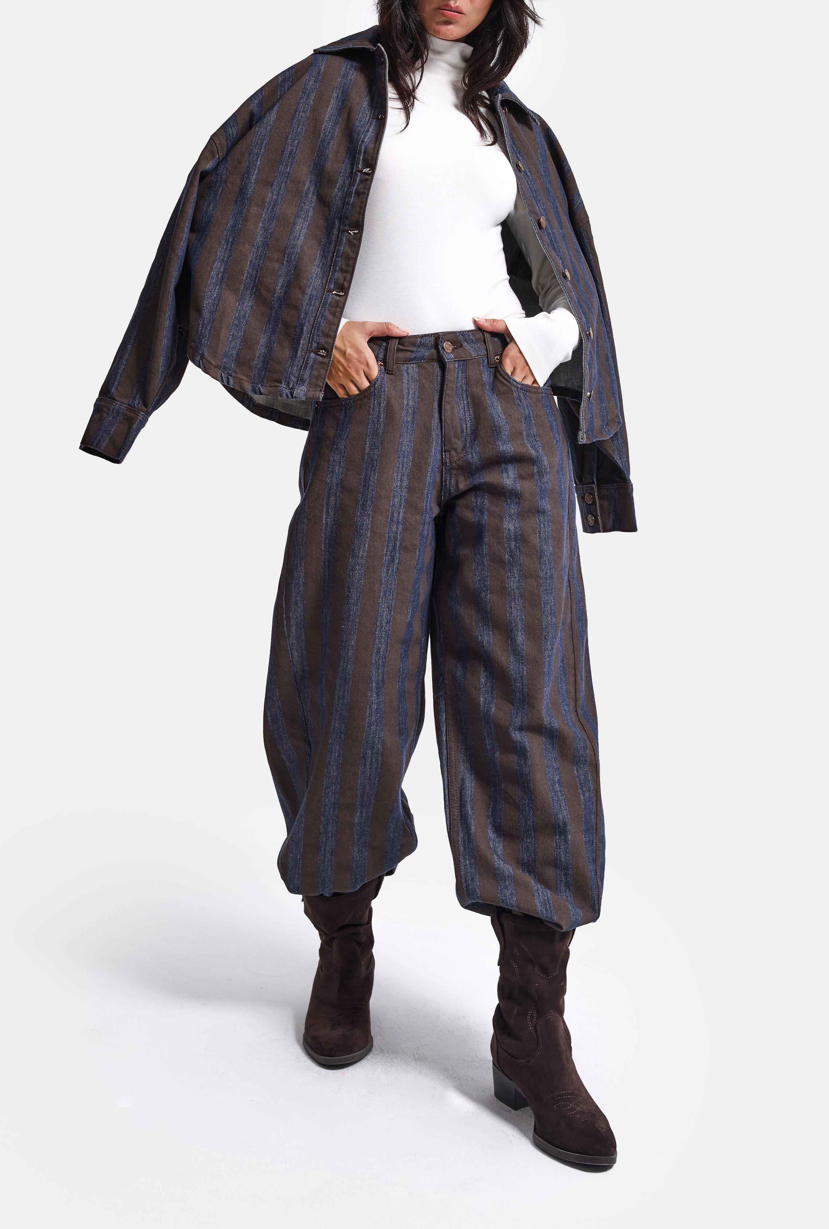 Kadın Kahve Çizgili 1w6-7 Barrel Fit Bol Kesim Tasarım Denim Pantolon
