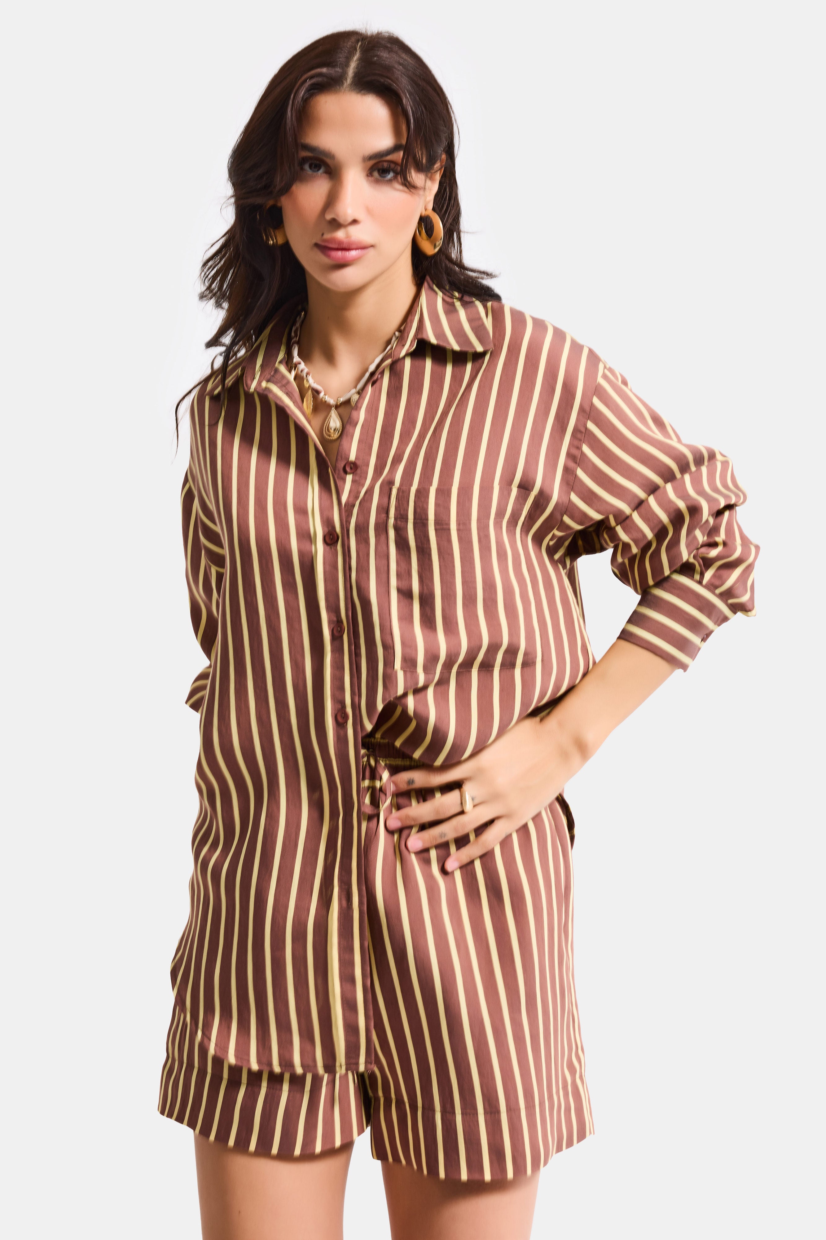 Kadın Kahve Çizgili s6-108 Oversize Rahat Kesim Gömlek