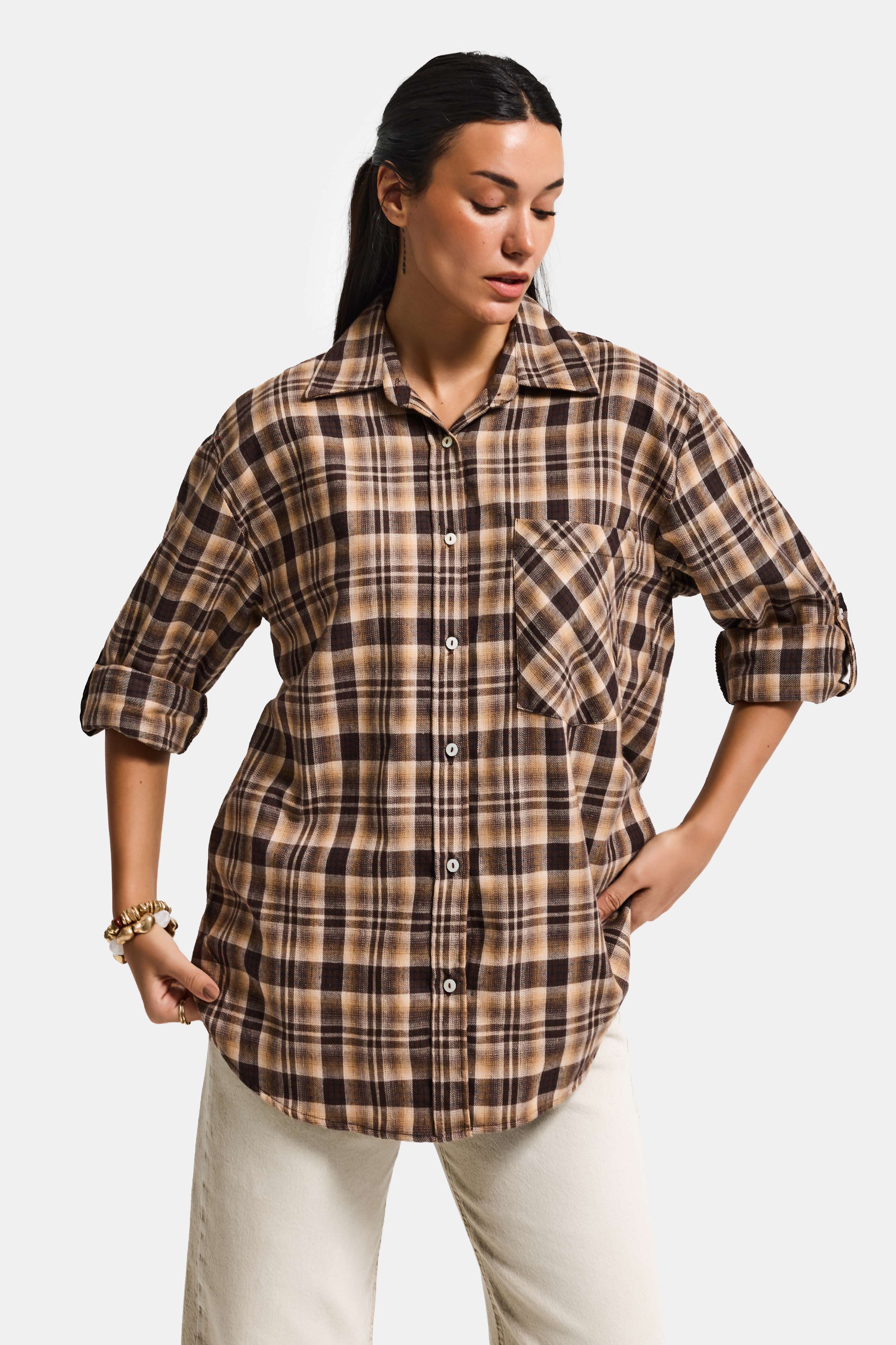 Kadın Kahve Ekose s6-10 Oversize Bol Kesim Pamuk Gömlek