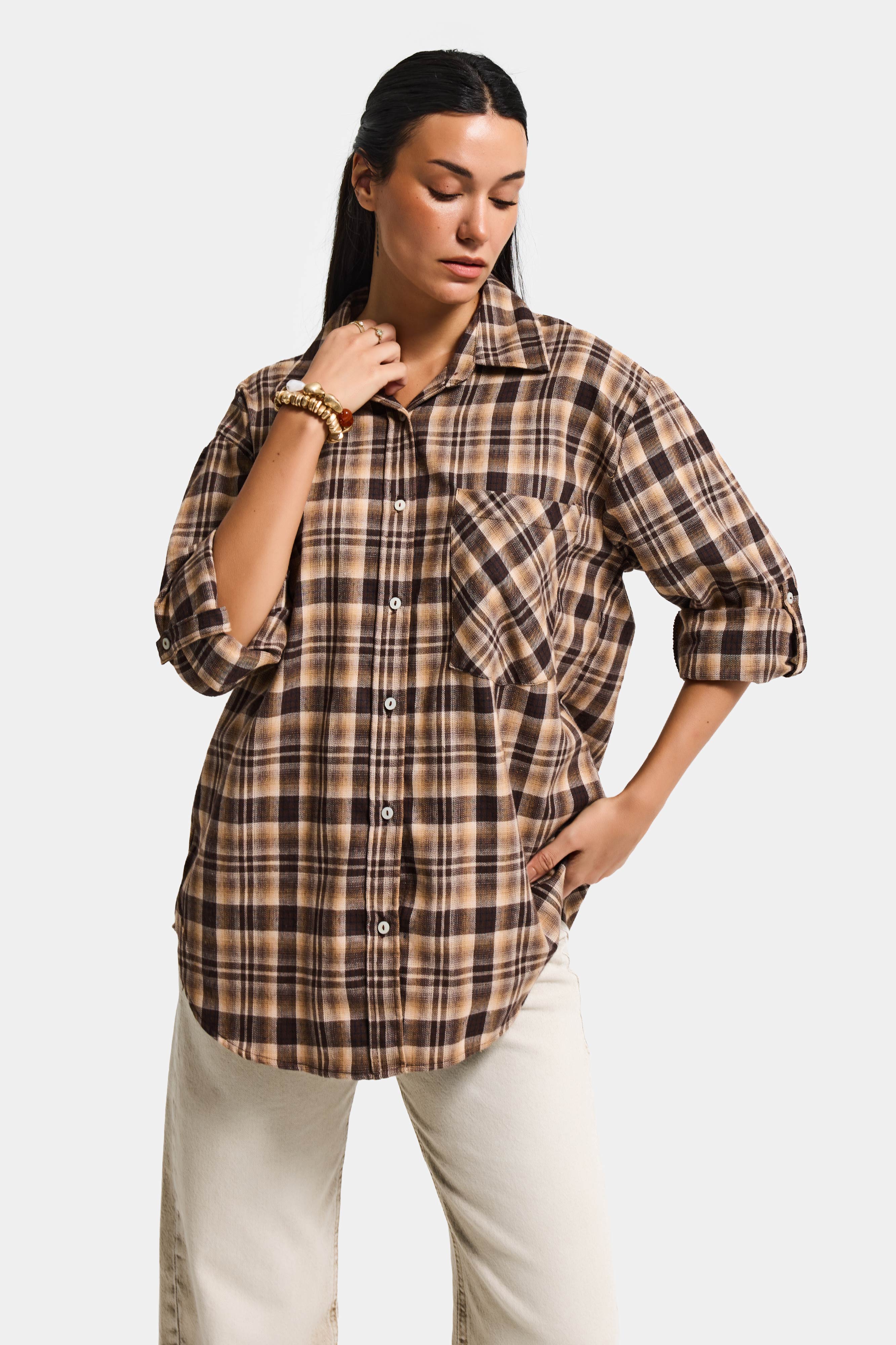 Kadın Kahve Ekose s6-10 Oversize Bol Kesim Pamuk Gömlek