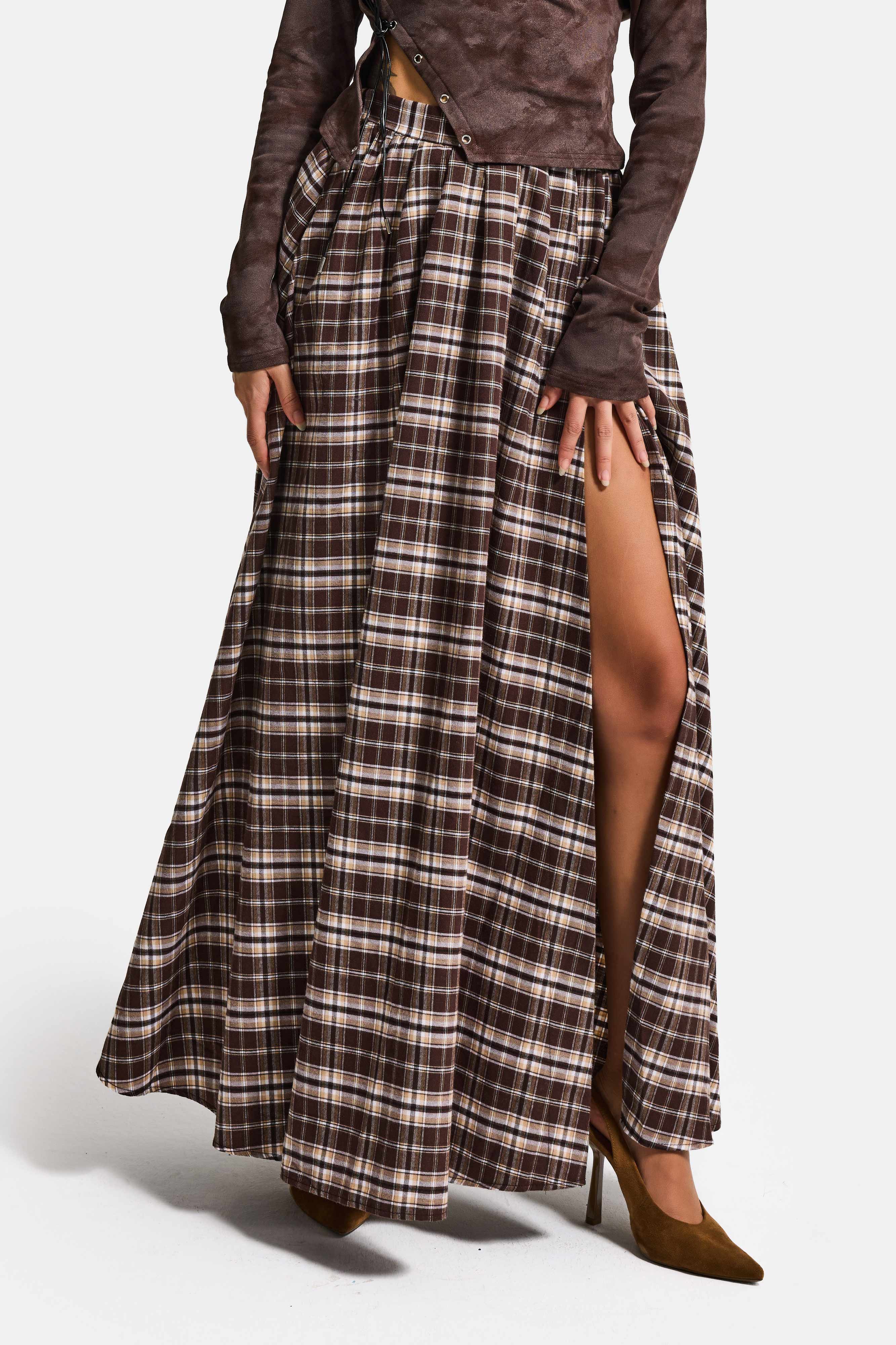 Kadın Kahve Ekose s6-14 Maxi Boy Yırtmaç Detaylı Pamuk Koton Etek