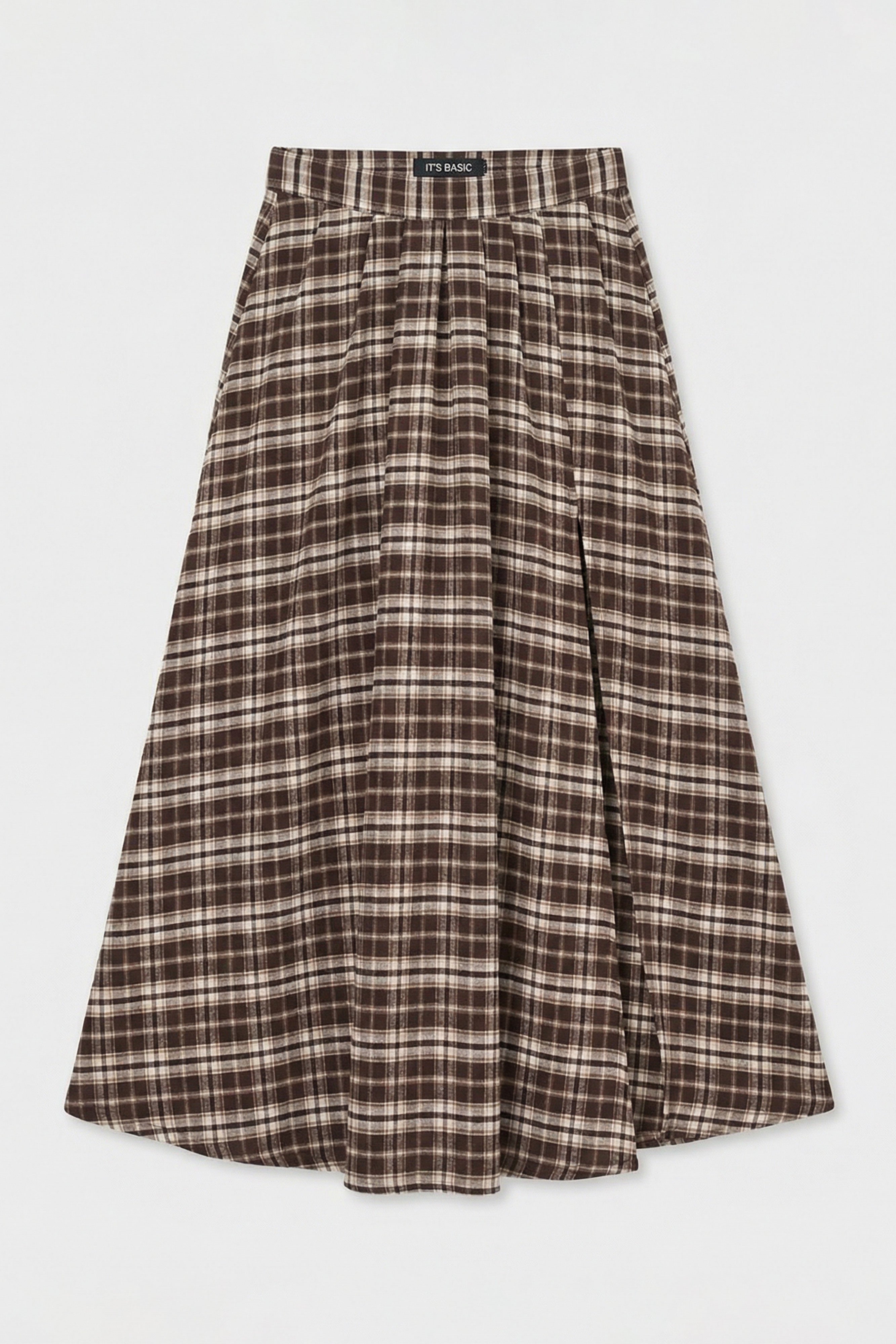 Women's Coffee Plaid s6-14 Maxi Length Slit Detailed Cotton Skirt