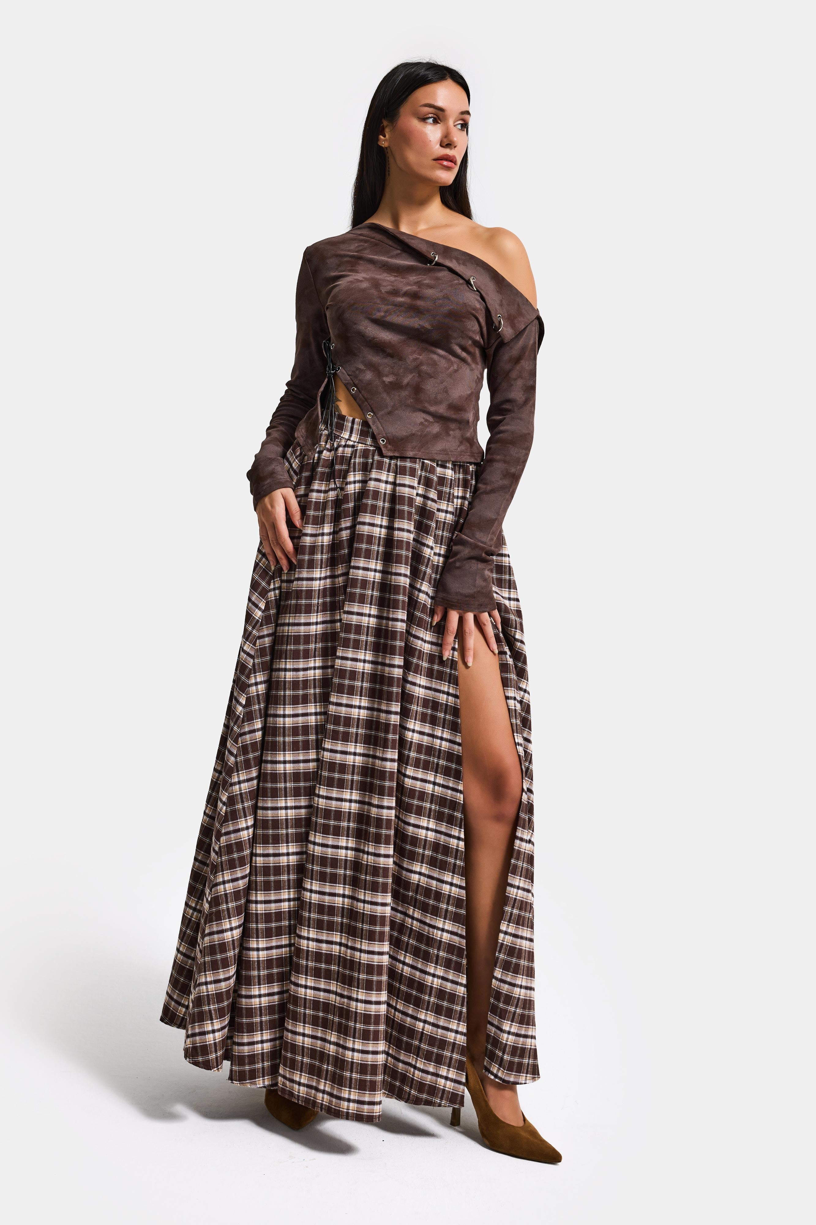 Women's Coffee Plaid s6-14 Maxi Length Slit Detailed Cotton Skirt