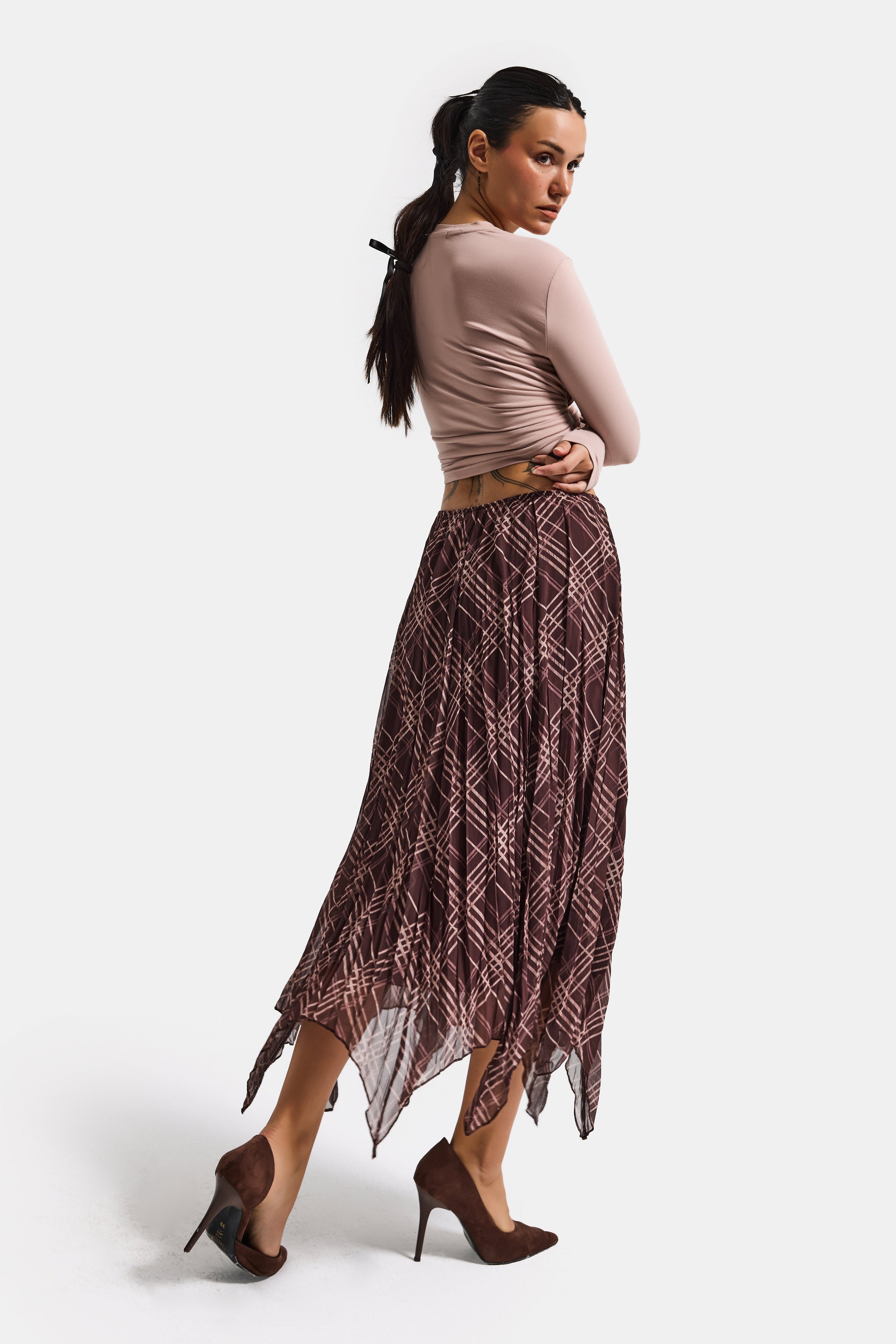 Kadın Kahve Ekose s6-6 Maxi Boy Saten Kumaş Etek