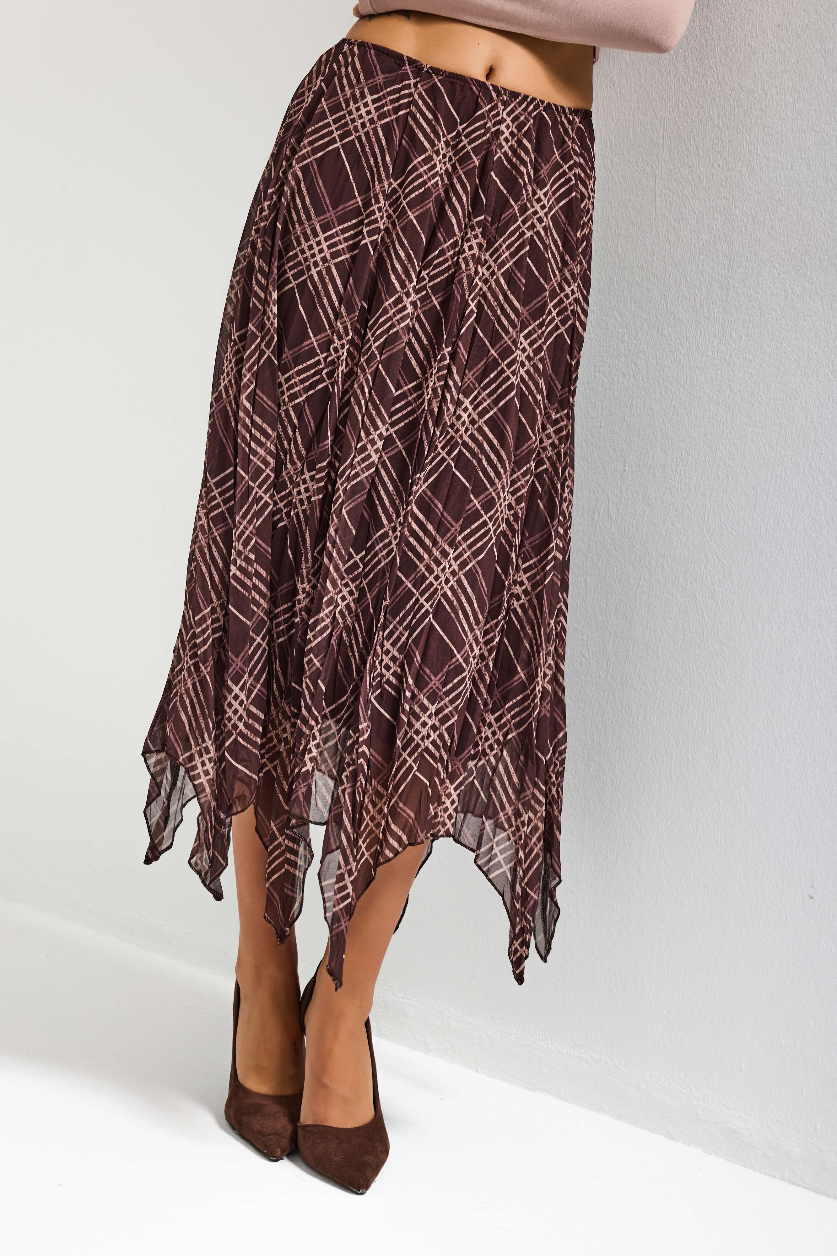 Kadın Kahve Ekose s6-6 Maxi Boy Saten Kumaş Etek