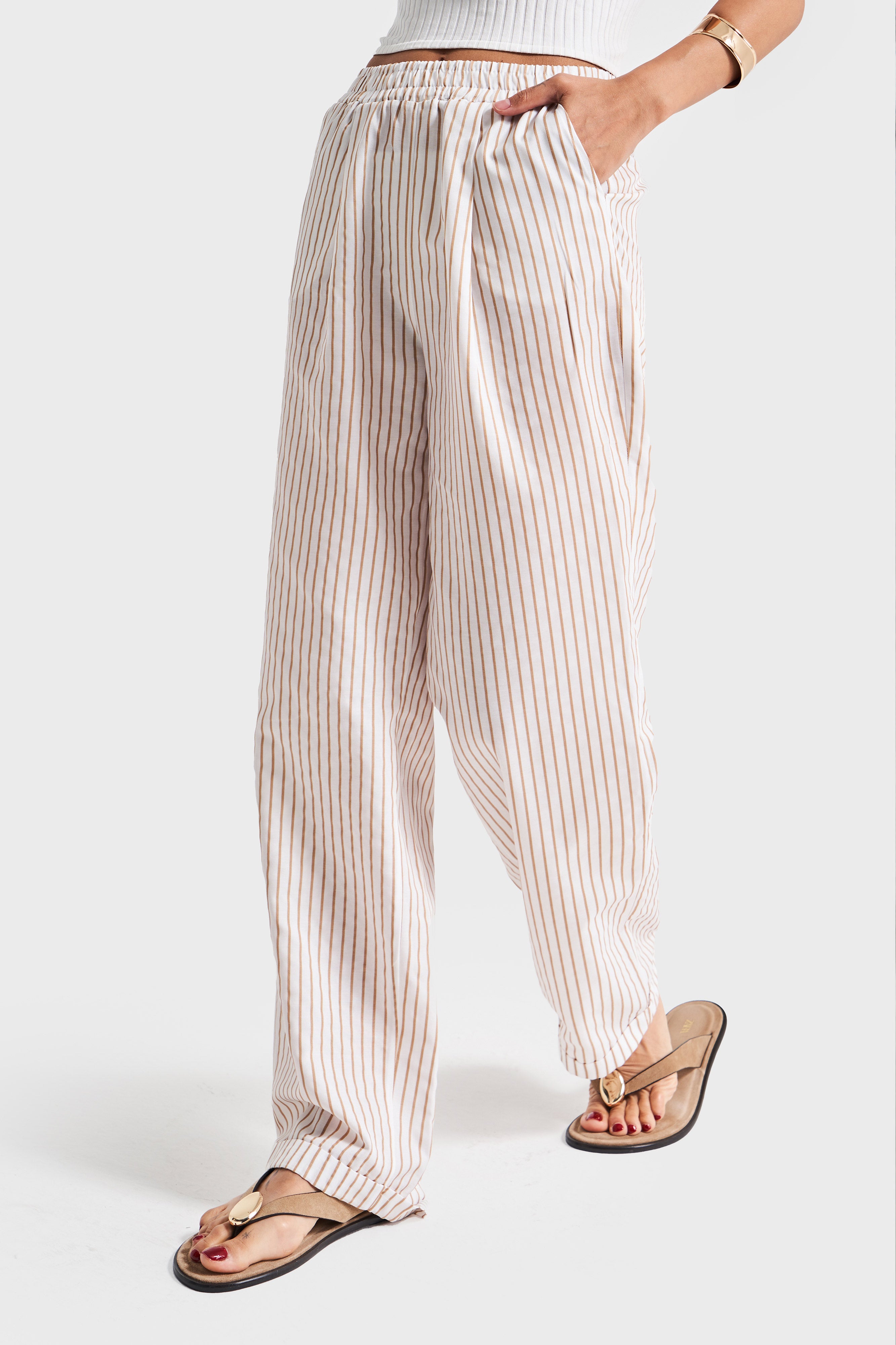 Женские брюки свободного кроя из хлопковой ткани с эластичным поясом, цвет кофе и экрю, размер s5-57