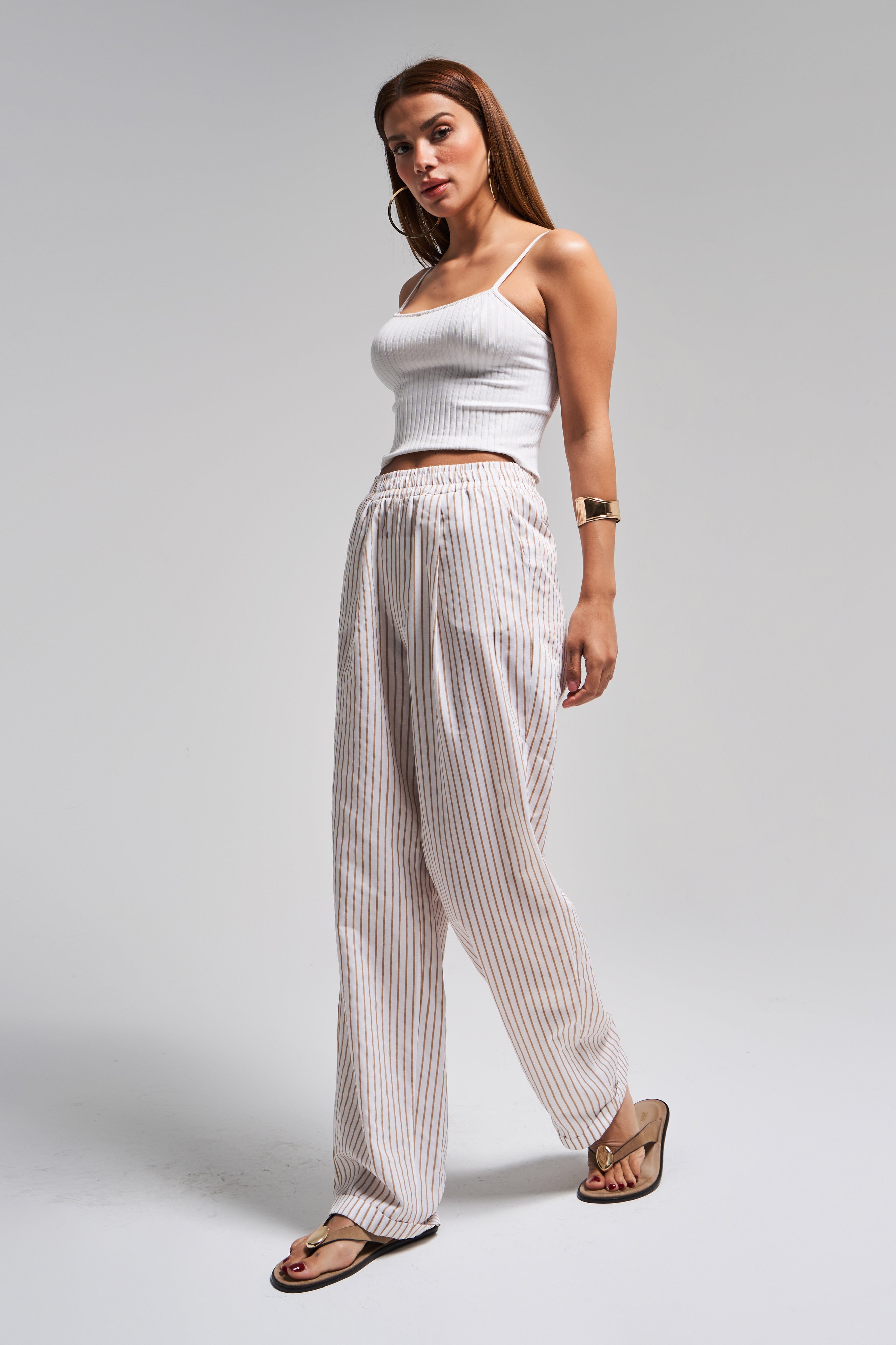 Женские брюки свободного кроя из хлопковой ткани с эластичным поясом, цвет кофе и экрю, размер s5-57