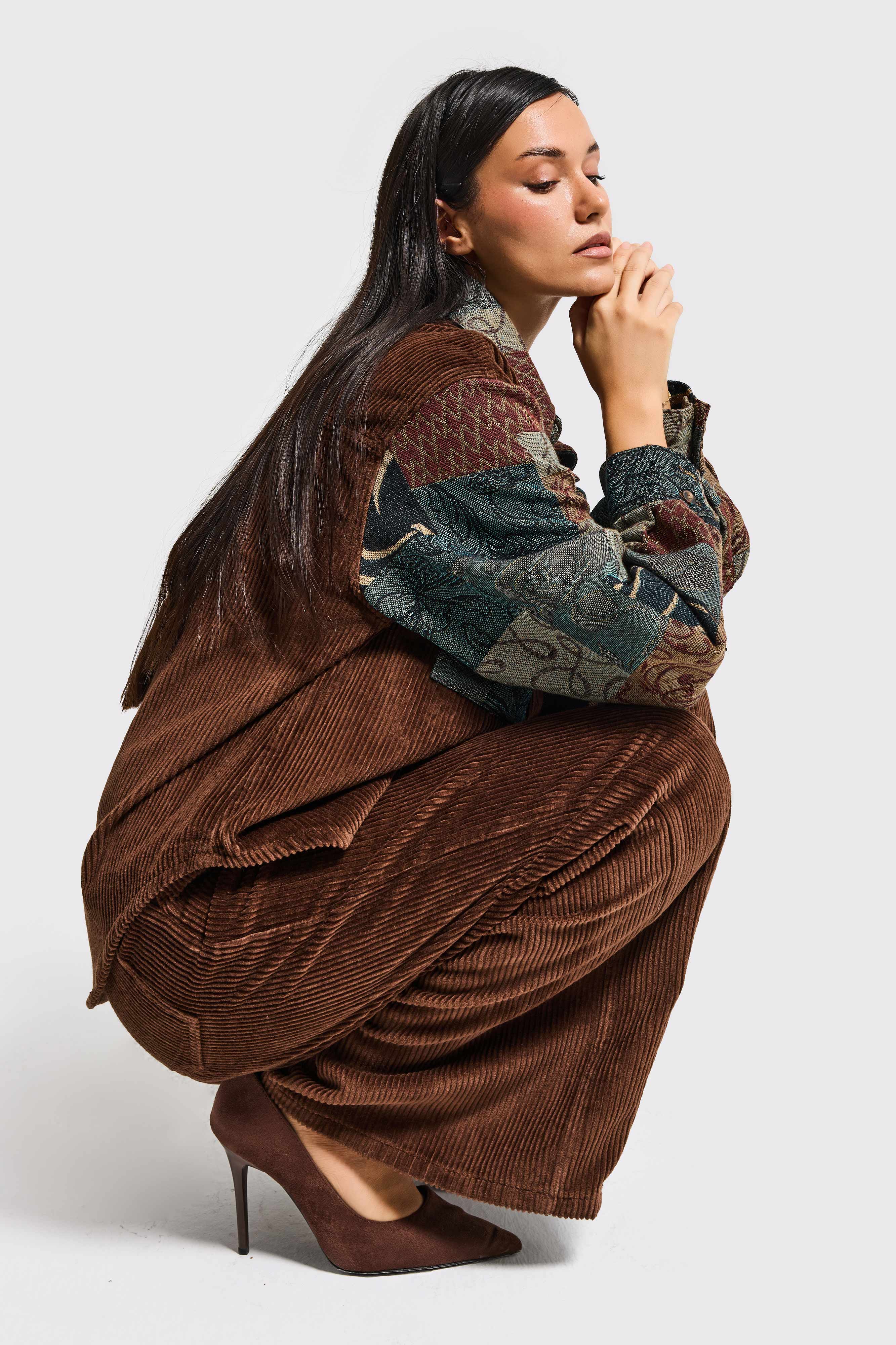 Kadın Kahve Etnik Desen 26w5-42 Oversize Fitilli Velvet Kadife Kumaş Tasarım Ceket