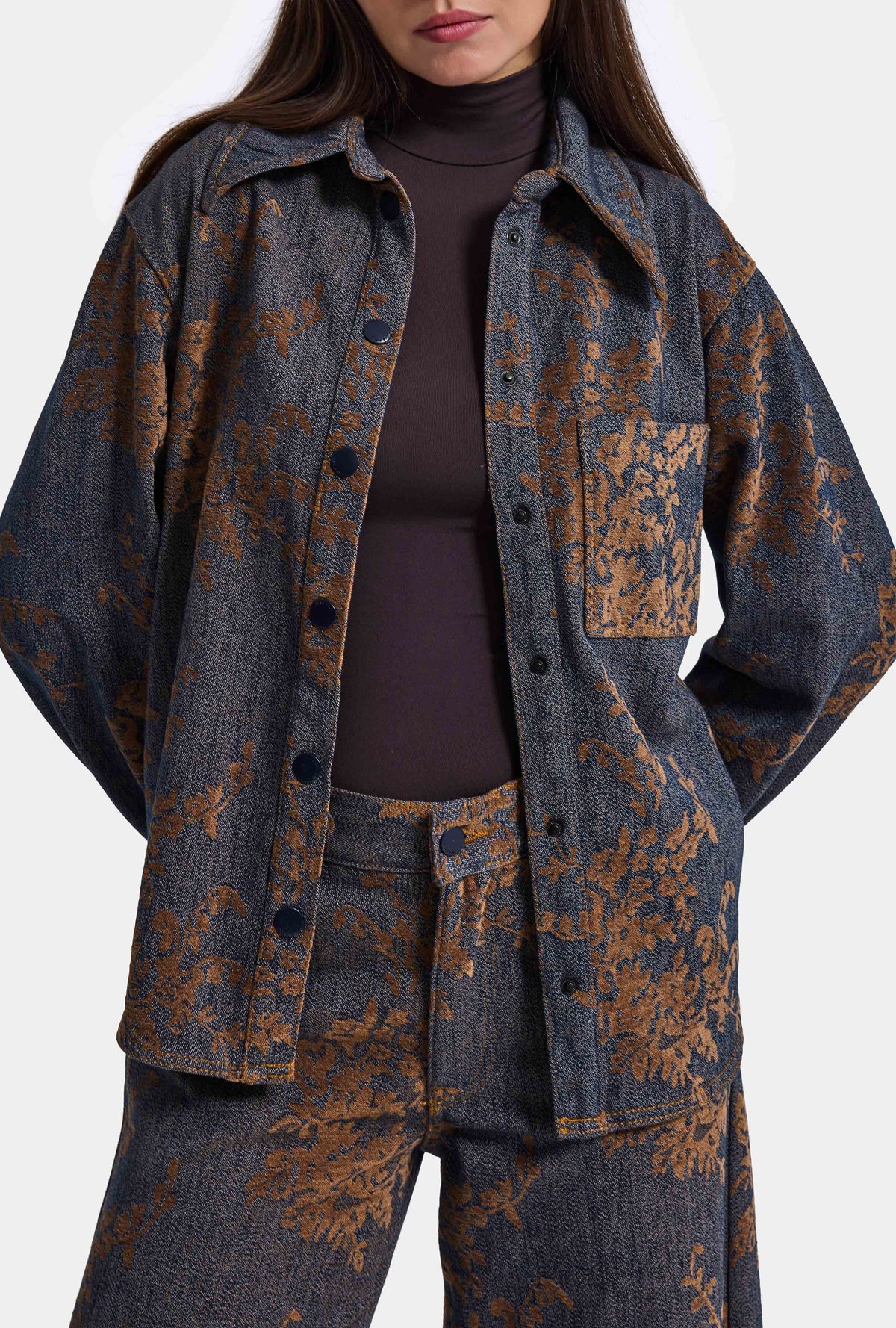 Kadın Kahve Kot 1w6-202 Oversize Özel Kumaş Tasarım Denim Ceket Gömlek