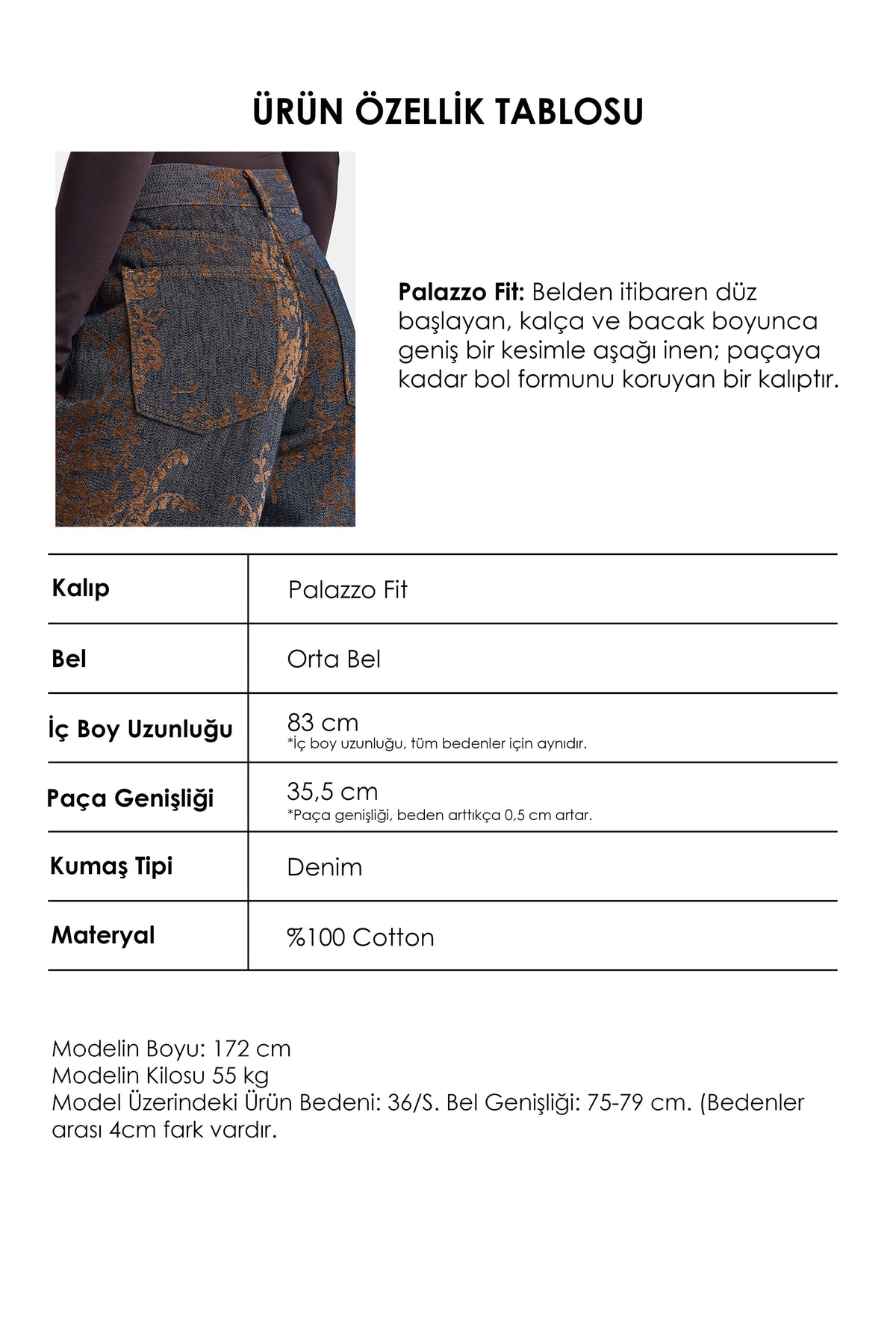 Kadın Kahve Kot 1w6-202 Palazzo Fit Özel Kumaş Tasarım Denim Jean