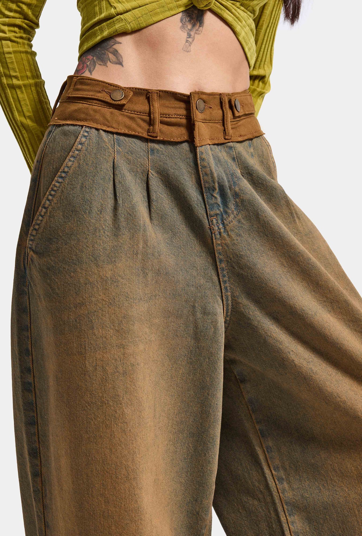 Kadın Kahve Kot 2w6-85 Palazzo Fit Kemer Detaylı Özel Tasarım Denim Jean