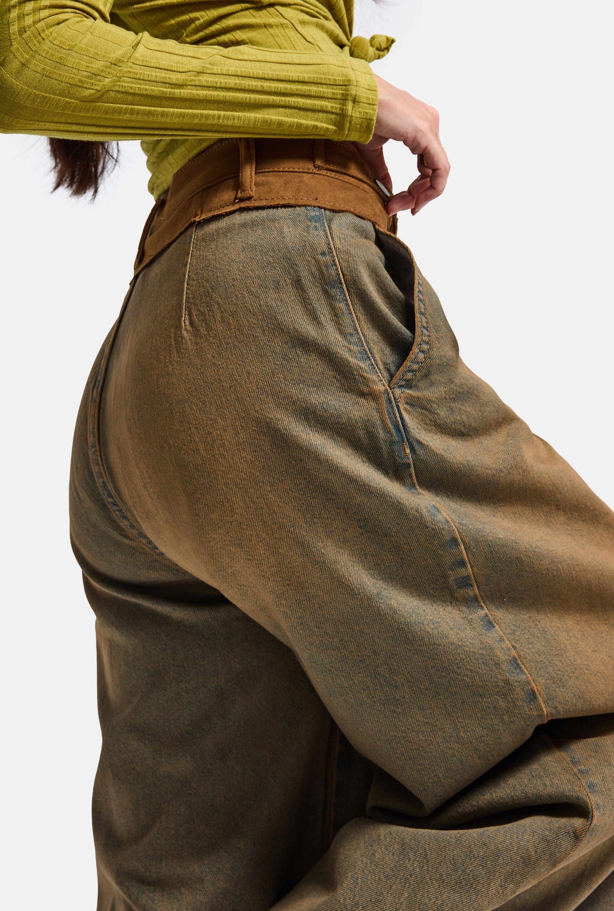 Kadın Kahve Kot 2w6-85 Palazzo Fit Kemer Detaylı Özel Tasarım Denim Jean