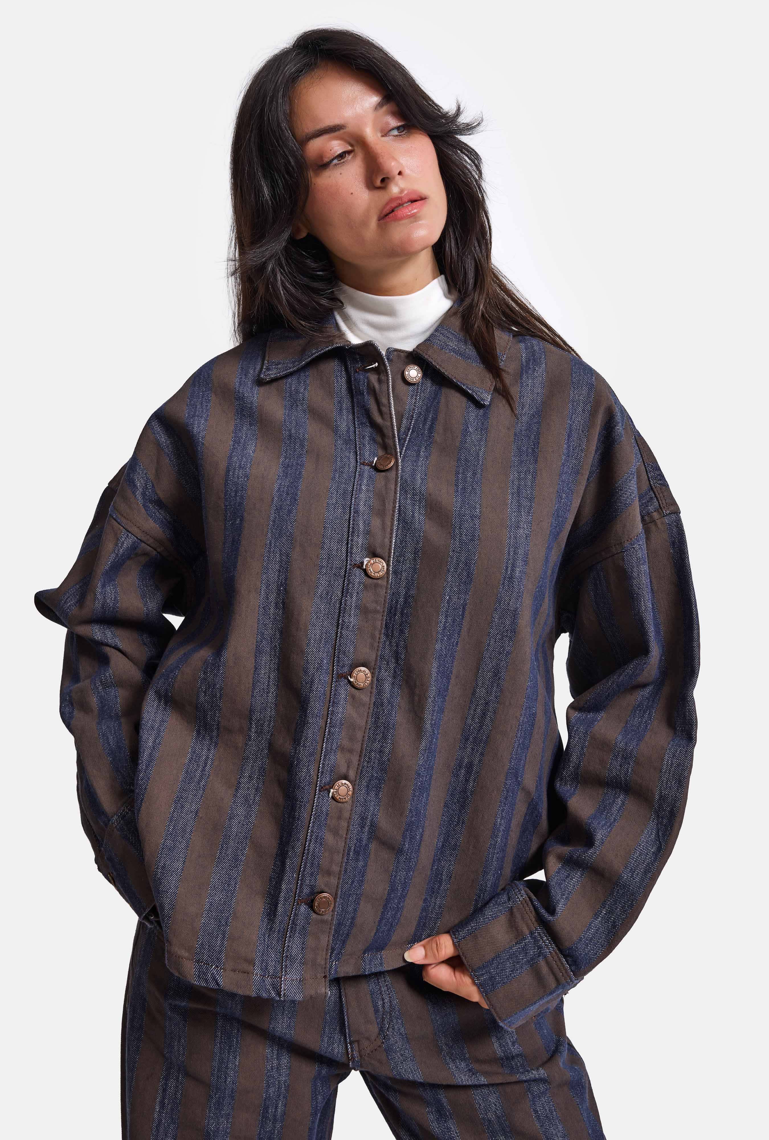 Kadın Kahve Kot Çizgili 1w6-7 Oversize Denim Ceket