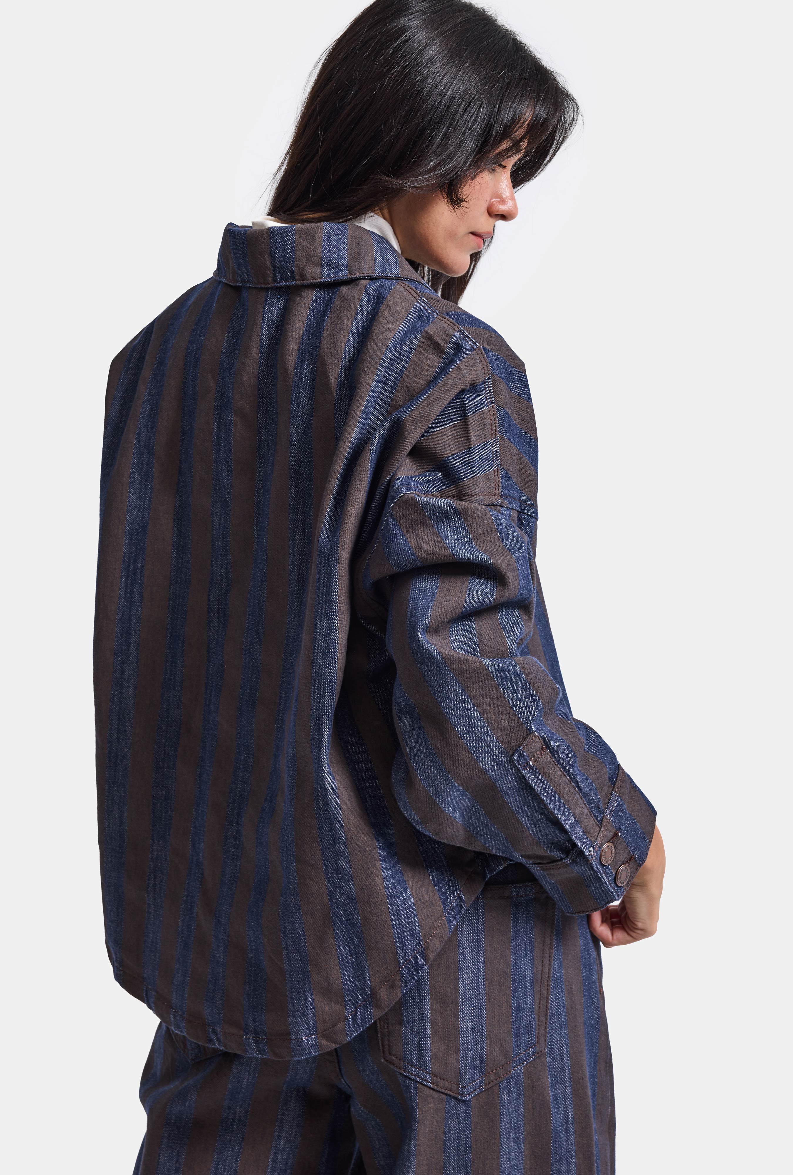 Kadın Kahve Kot Çizgili 1w6-7 Oversize Denim Ceket