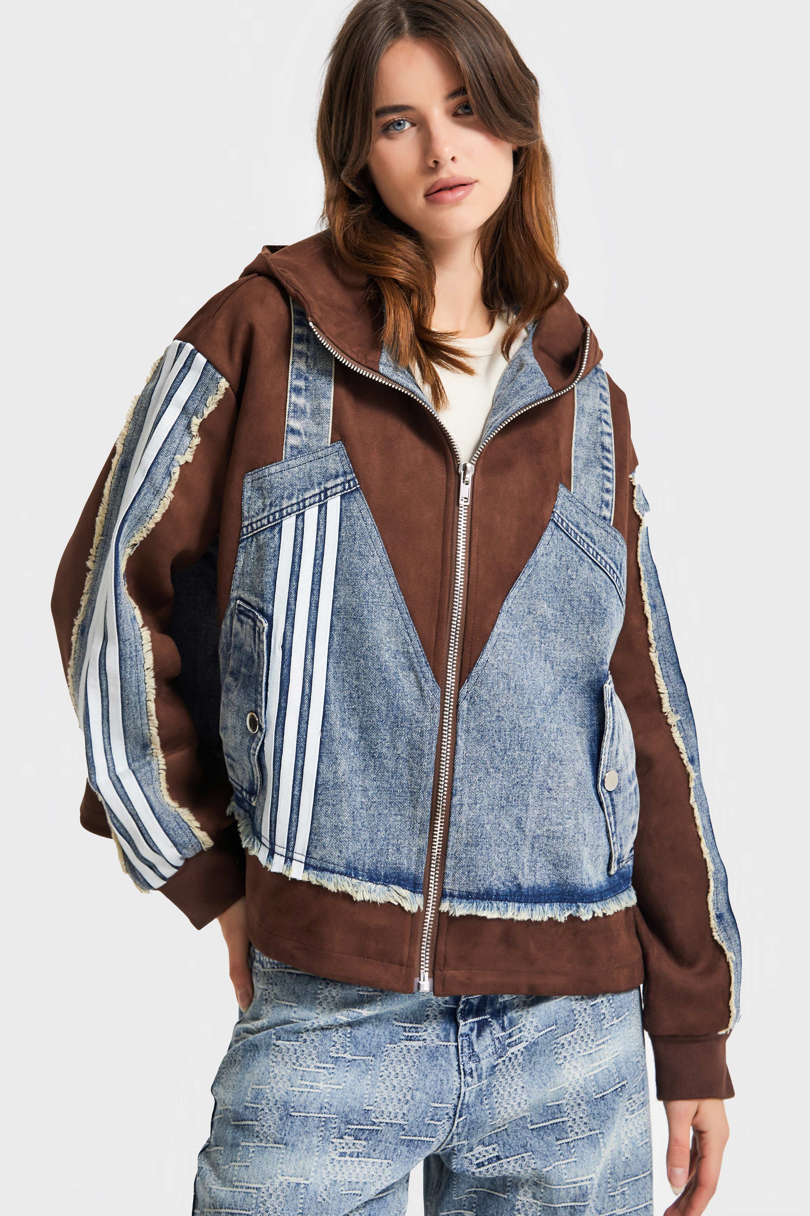 Kadın Kahve Kot Rengi Çift Parça Şerit Detaylı Özel Tasarım Denim Ceket