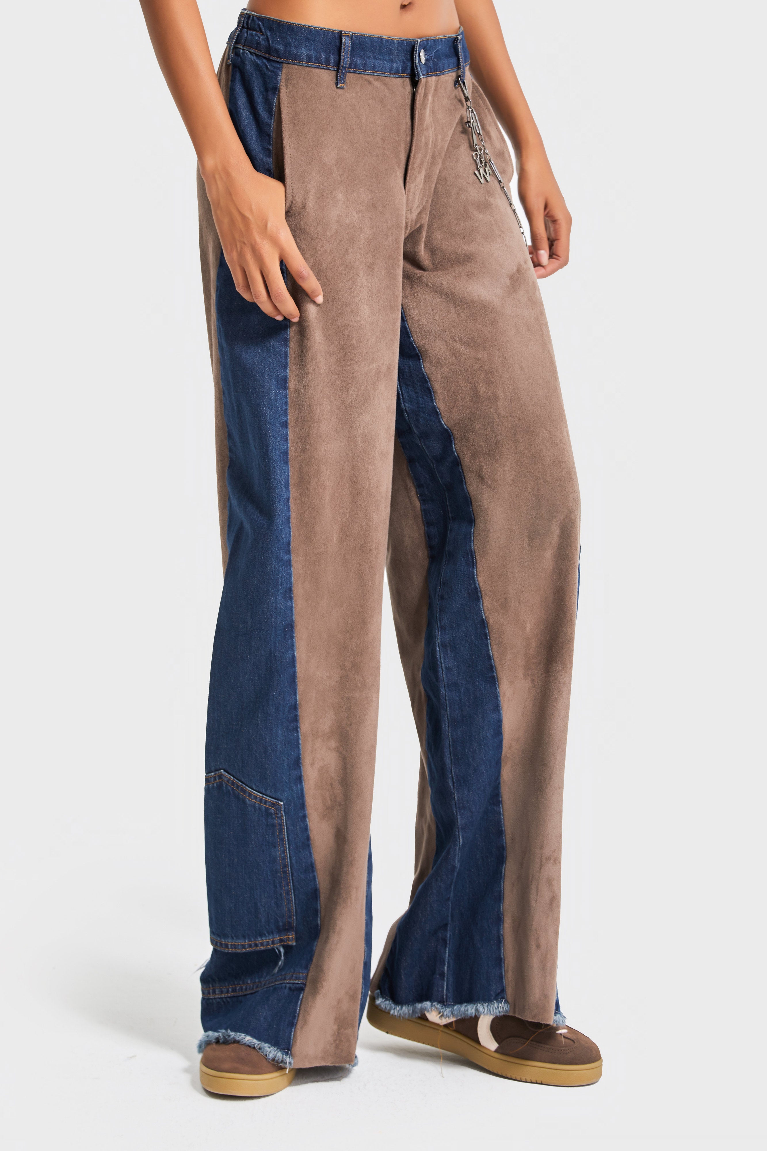 Kadın Kahve Kot Rengi Süet Denim Parçalı Bol Kesim Özel Tasarım Denim Pantolon