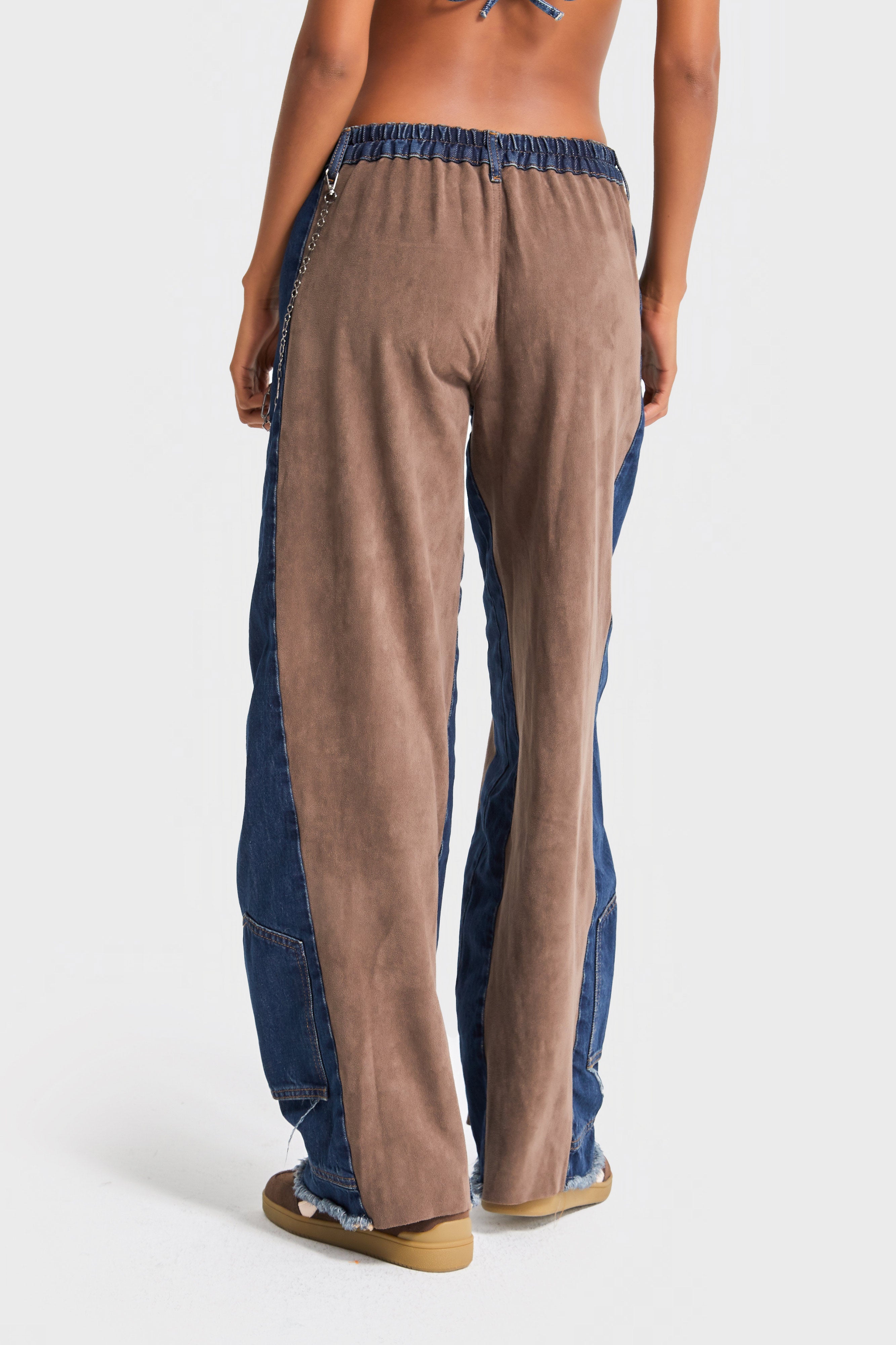 Kadın Kahve Kot Rengi Süet Denim Parçalı Bol Kesim Özel Tasarım Denim Pantolon