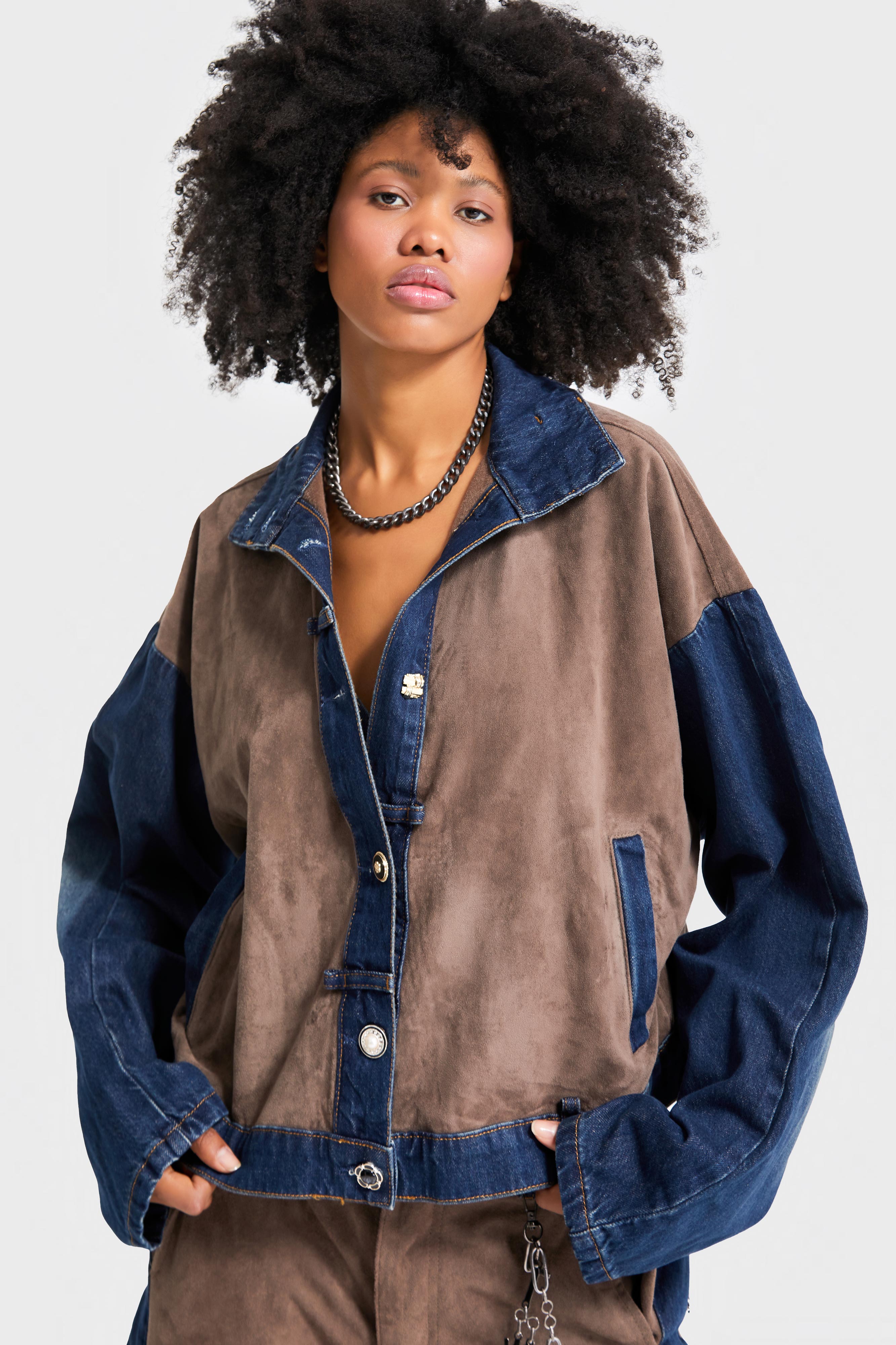 Kadın Kahve Kot Rengi Süet Denim Parçalı Özel Tasarım Denim Ceket