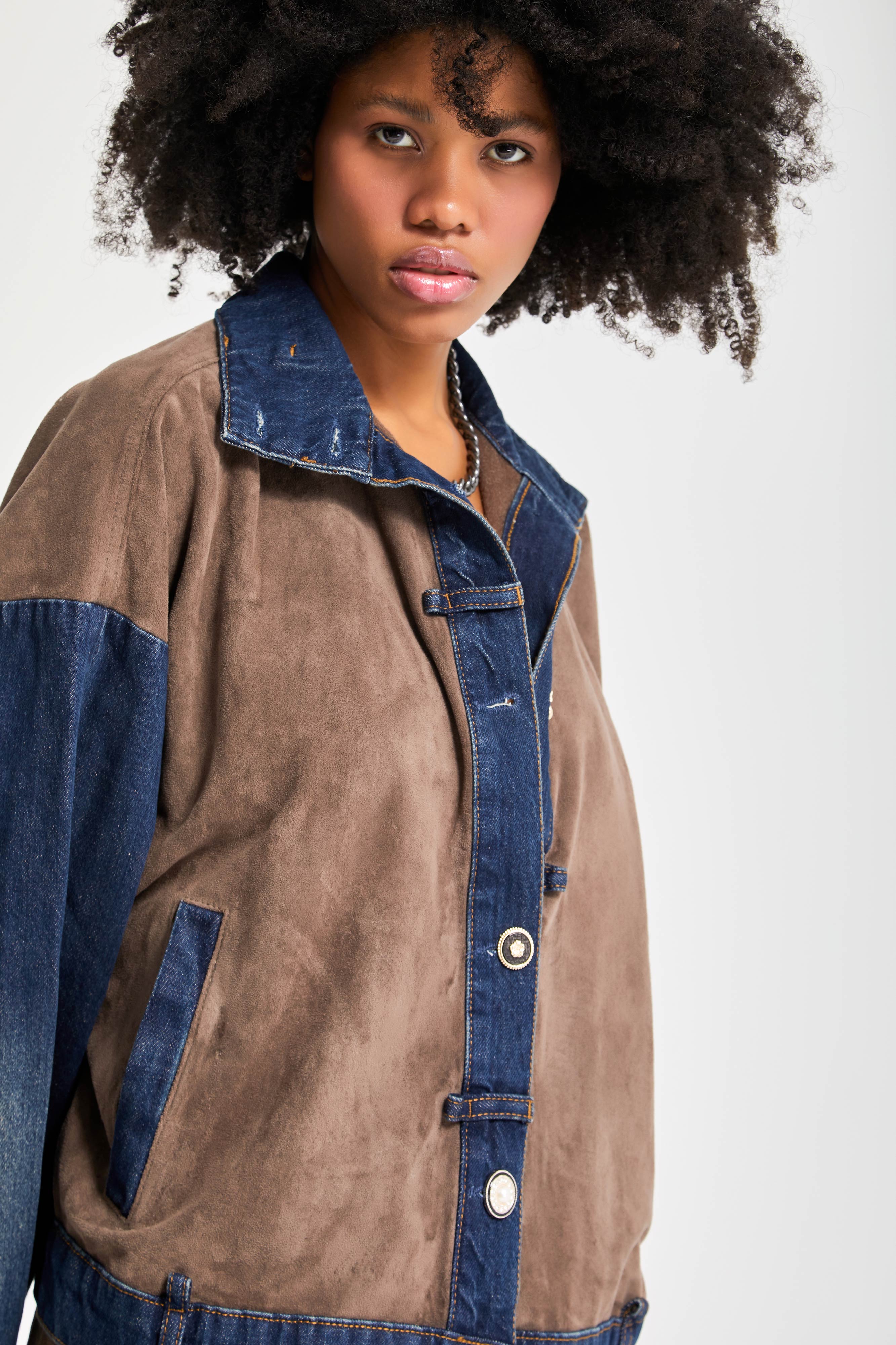 Women's Coffee Suede Denim Patchwork Custom Design Denim Jacket