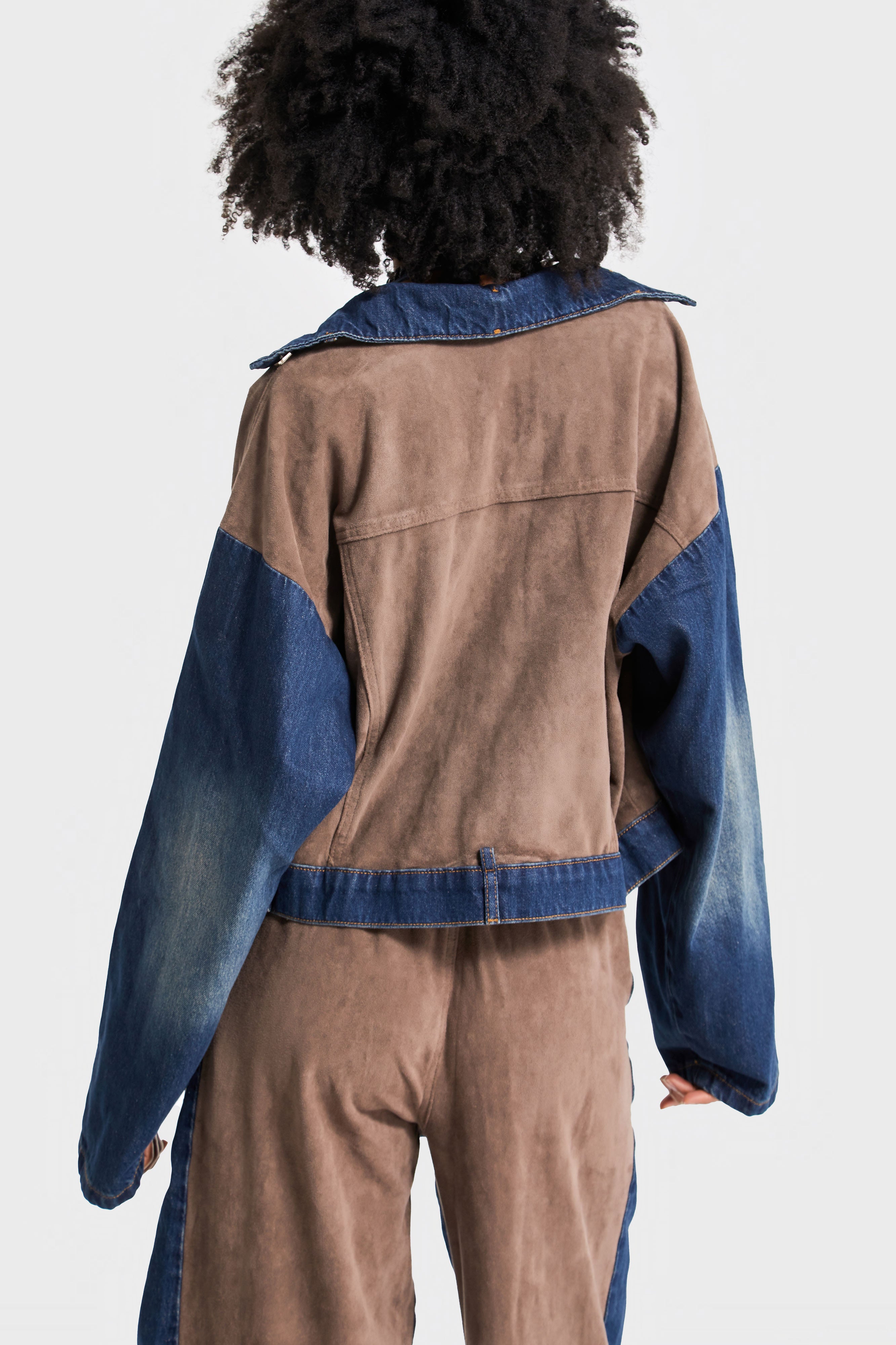 Women's Coffee Suede Denim Patchwork Custom Design Denim Jacket