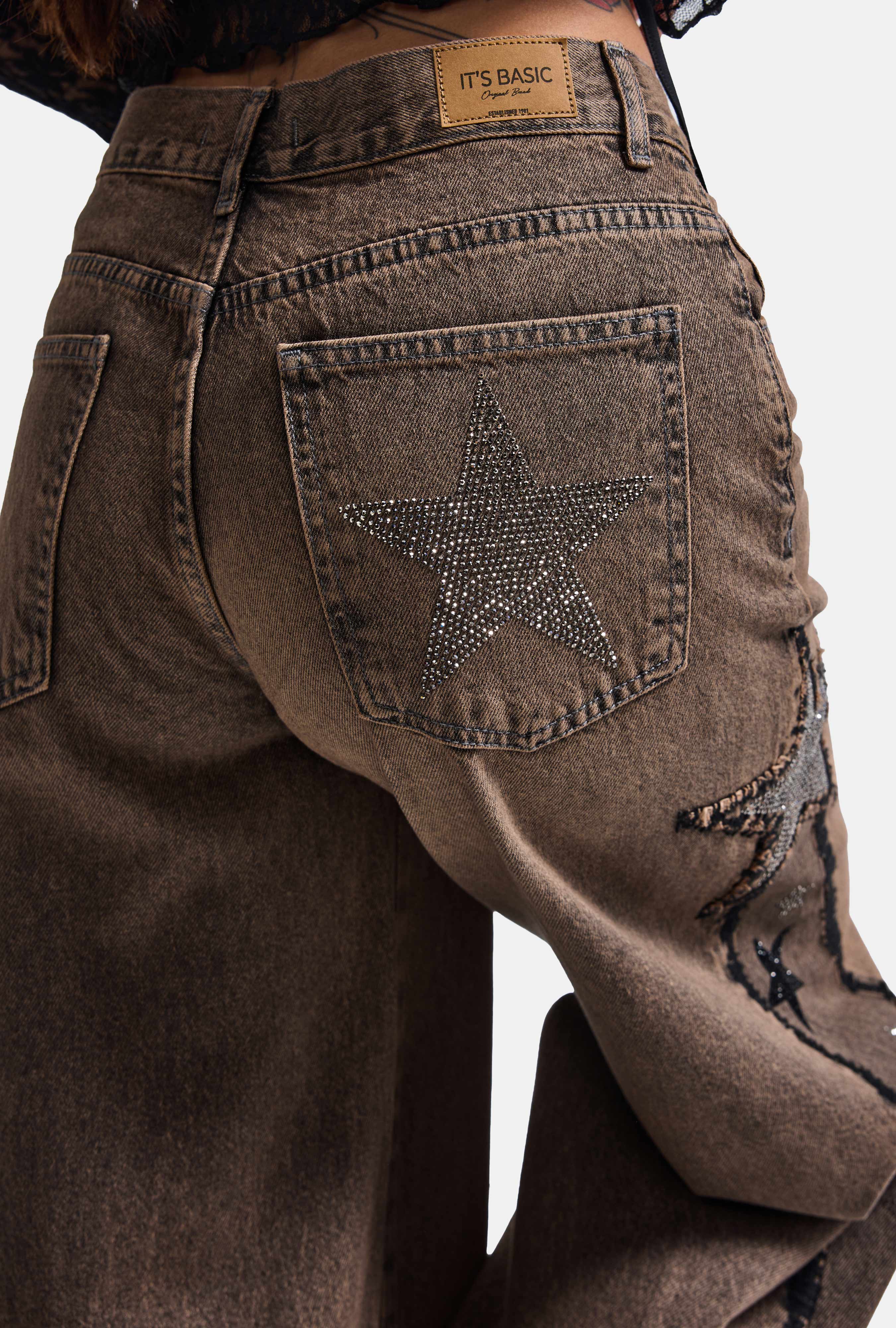 Kadın Kahve Kot Rengi T-4w6-88 Palazzo Fit Özel Taş Tasarım Denim Jean