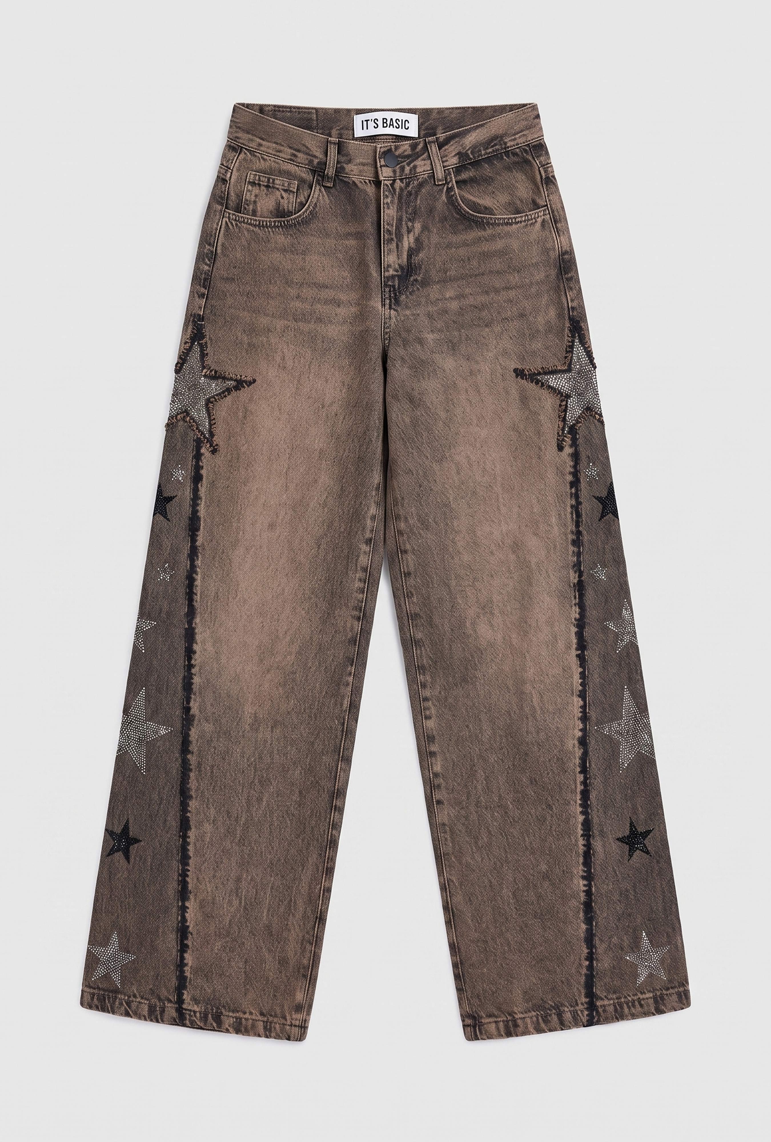 Kadın Kahve Kot Rengi T-4w6-88 Palazzo Fit Özel Taş Tasarım Denim Jean
