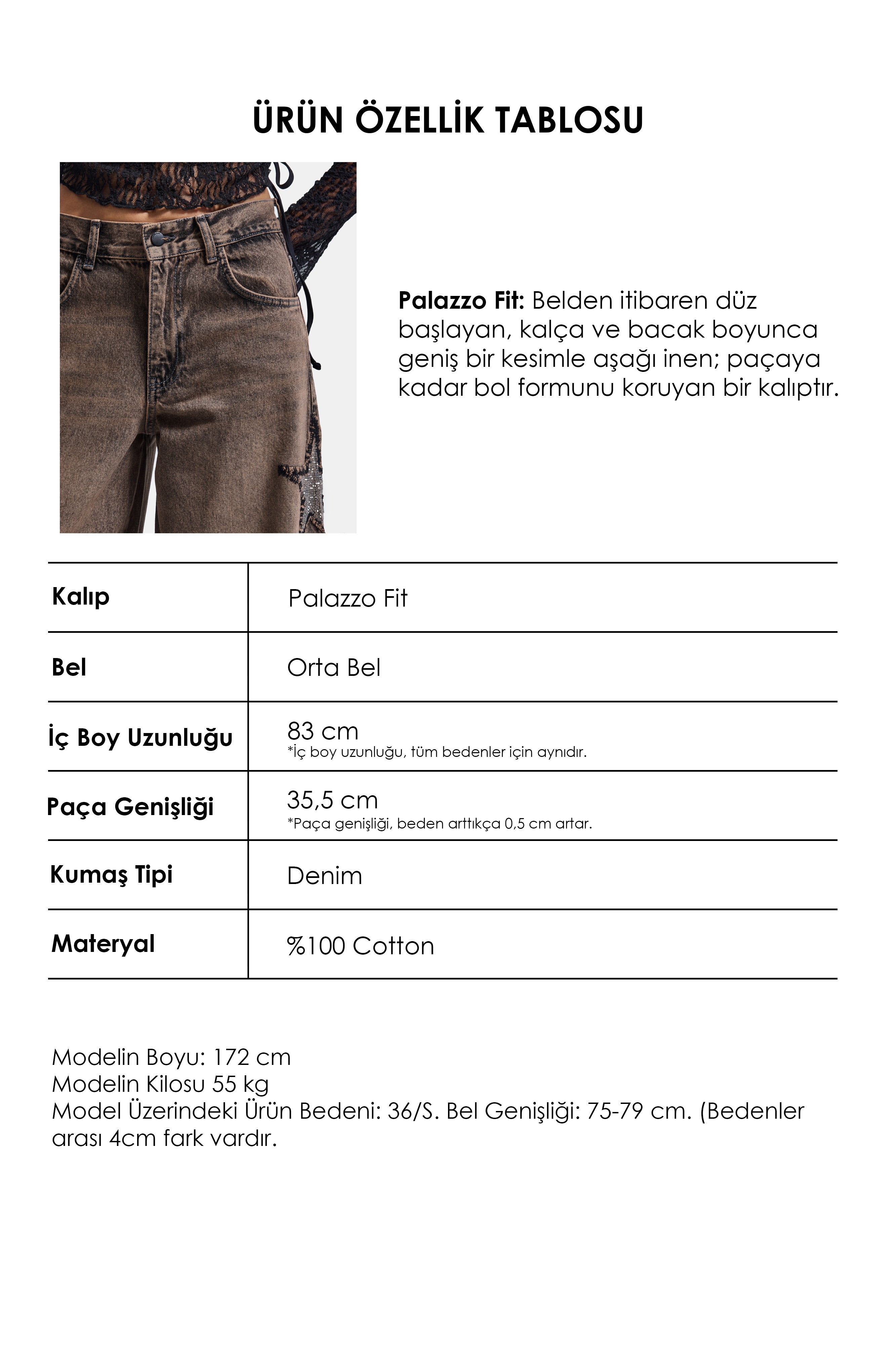 Kadın Kahve Kot Rengi T-4w6-88 Palazzo Fit Özel Taş Tasarım Denim Jean