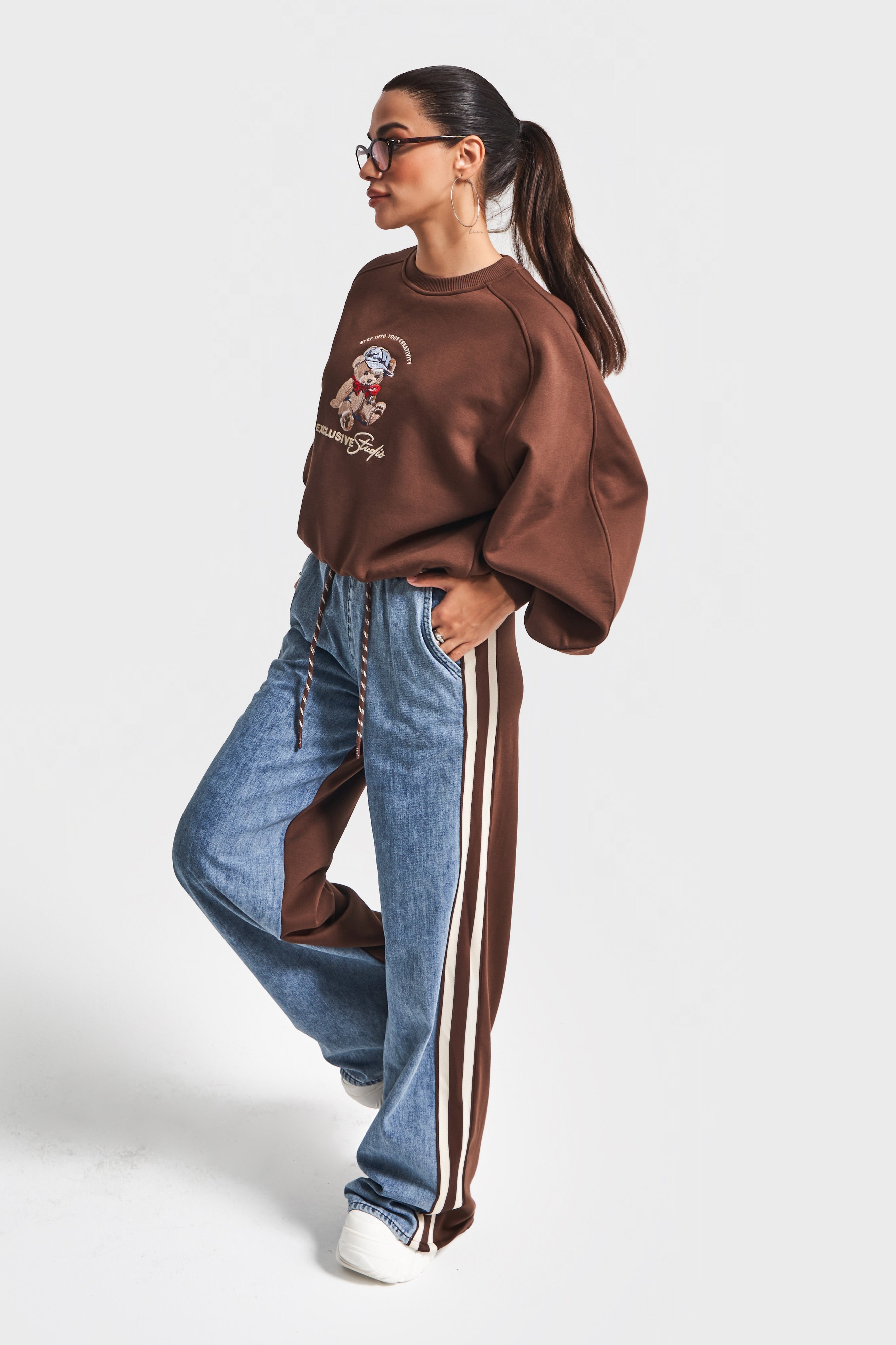 Women's Coffee Jean Color w5-16 Design Sweatshirt and Trousers Two-Piece Set