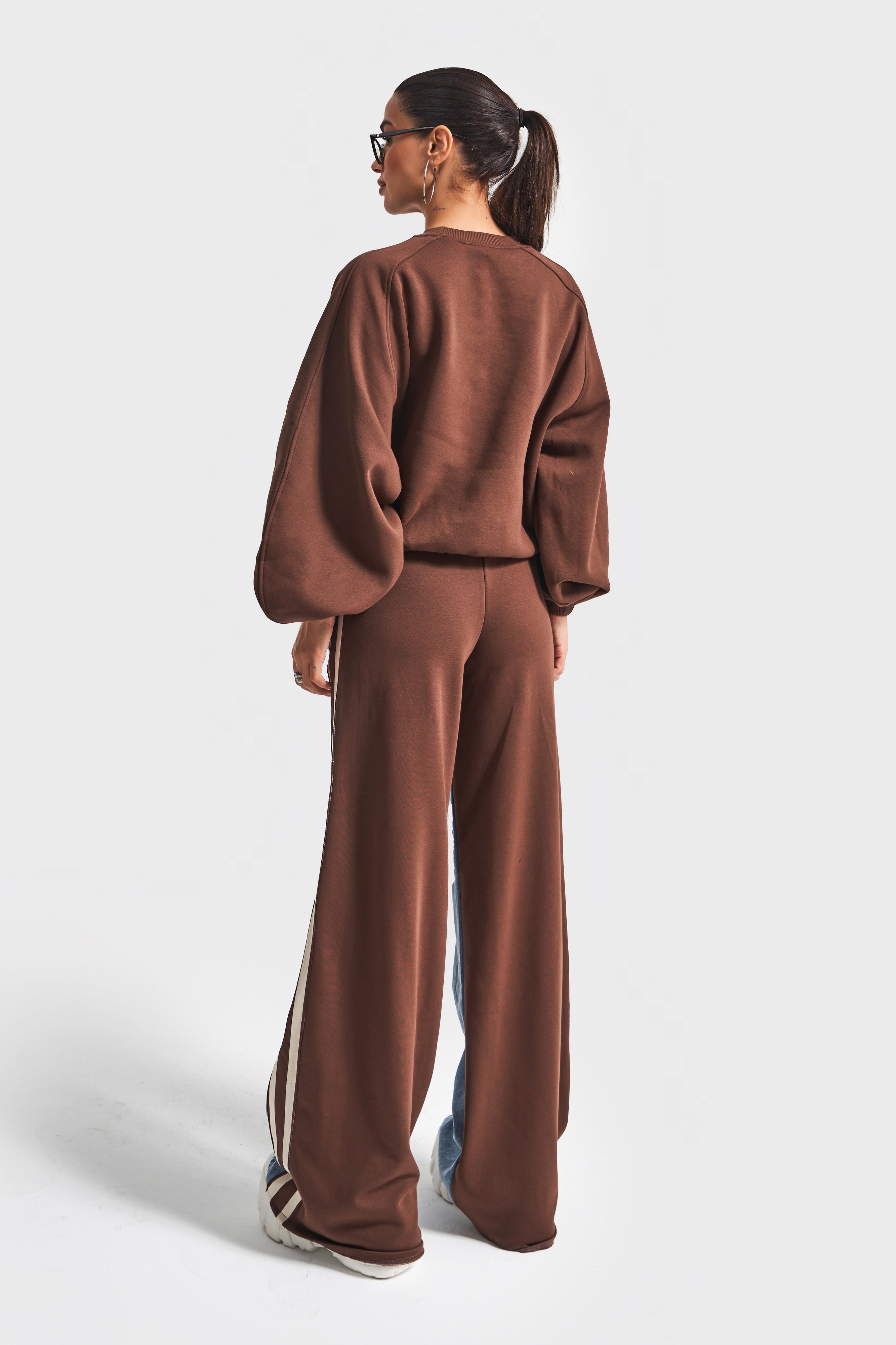 Women's Coffee Jean Color w5-16 Design Sweatshirt and Trousers Two-Piece Set