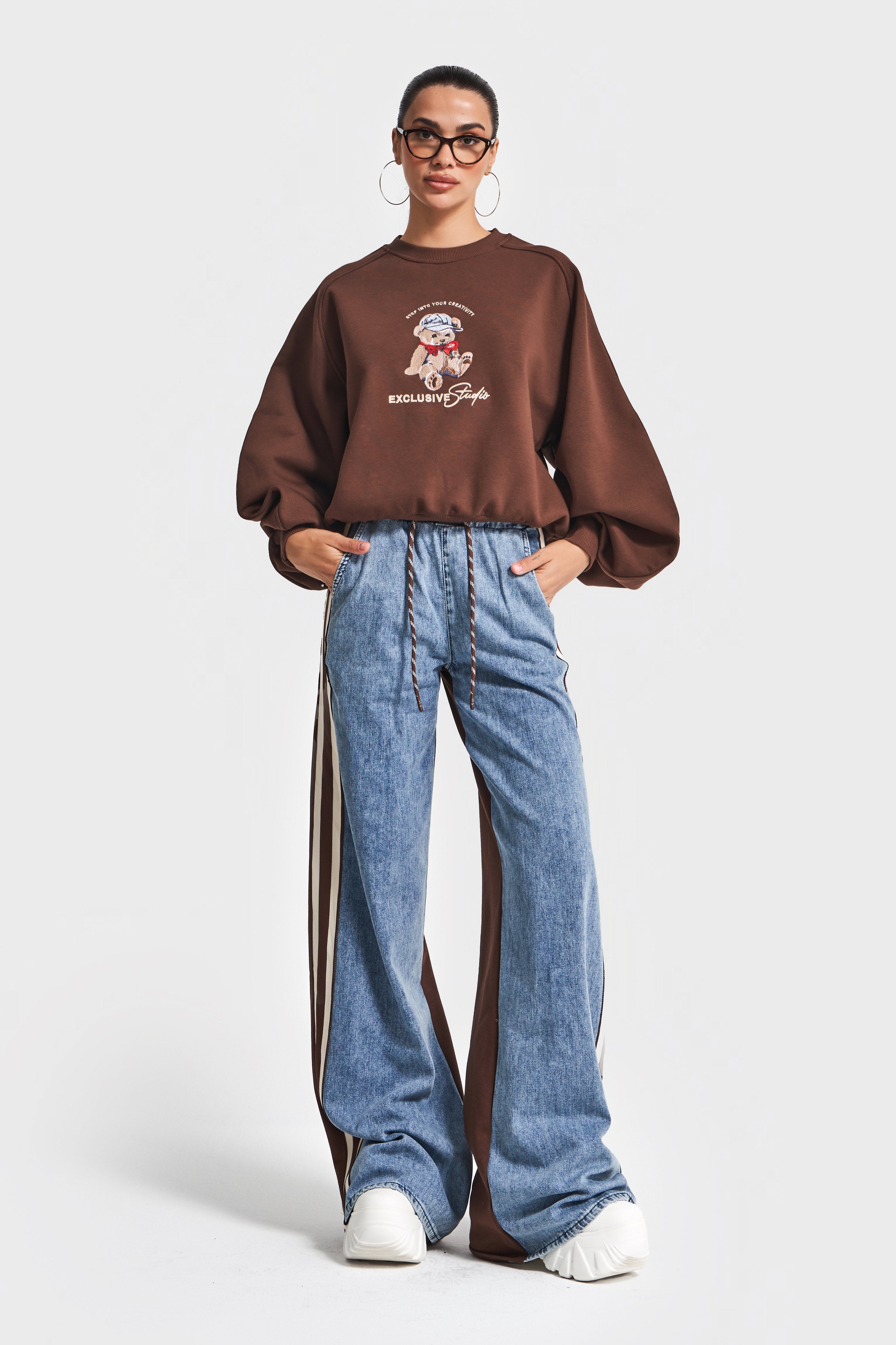Women's Coffee Jean Color w5-16 Design Sweatshirt and Trousers Two-Piece Set