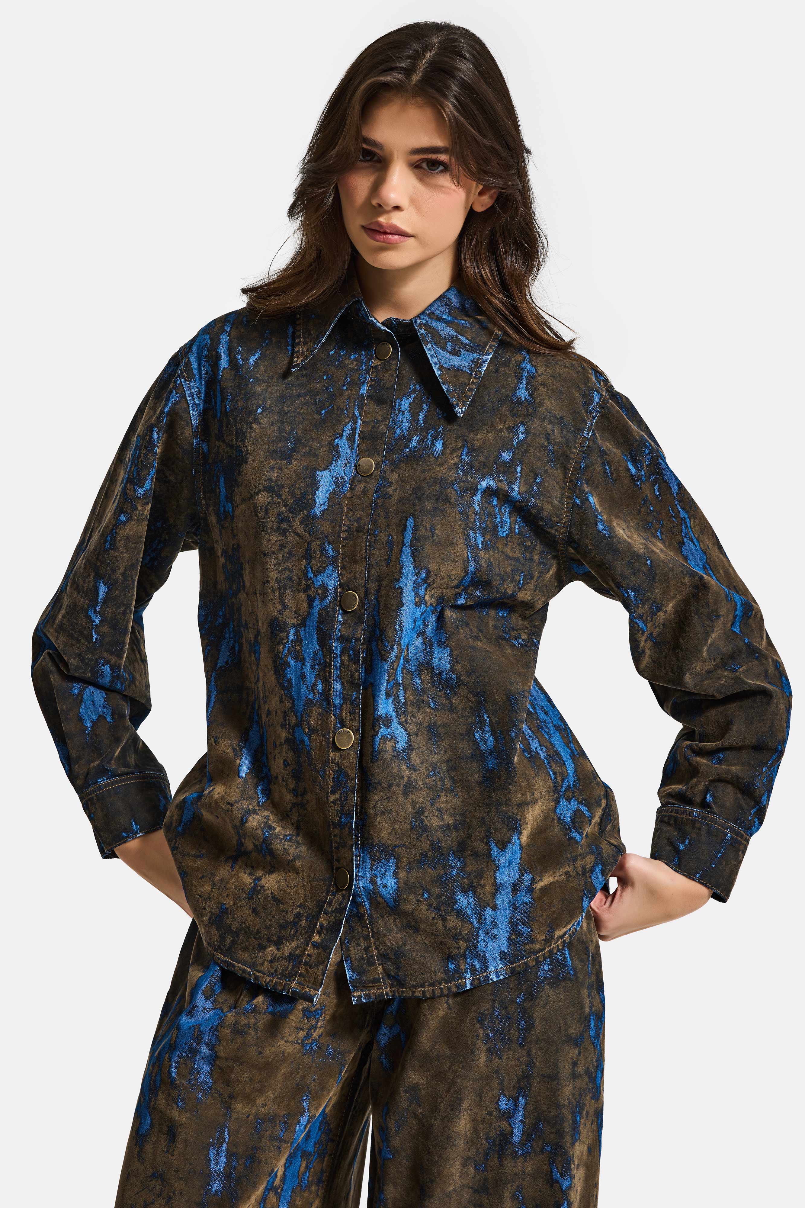 Kadın Kahve Mavi 1s6-15 Oversize Özel Flok Kumaş Tasarım Denim Gömlek