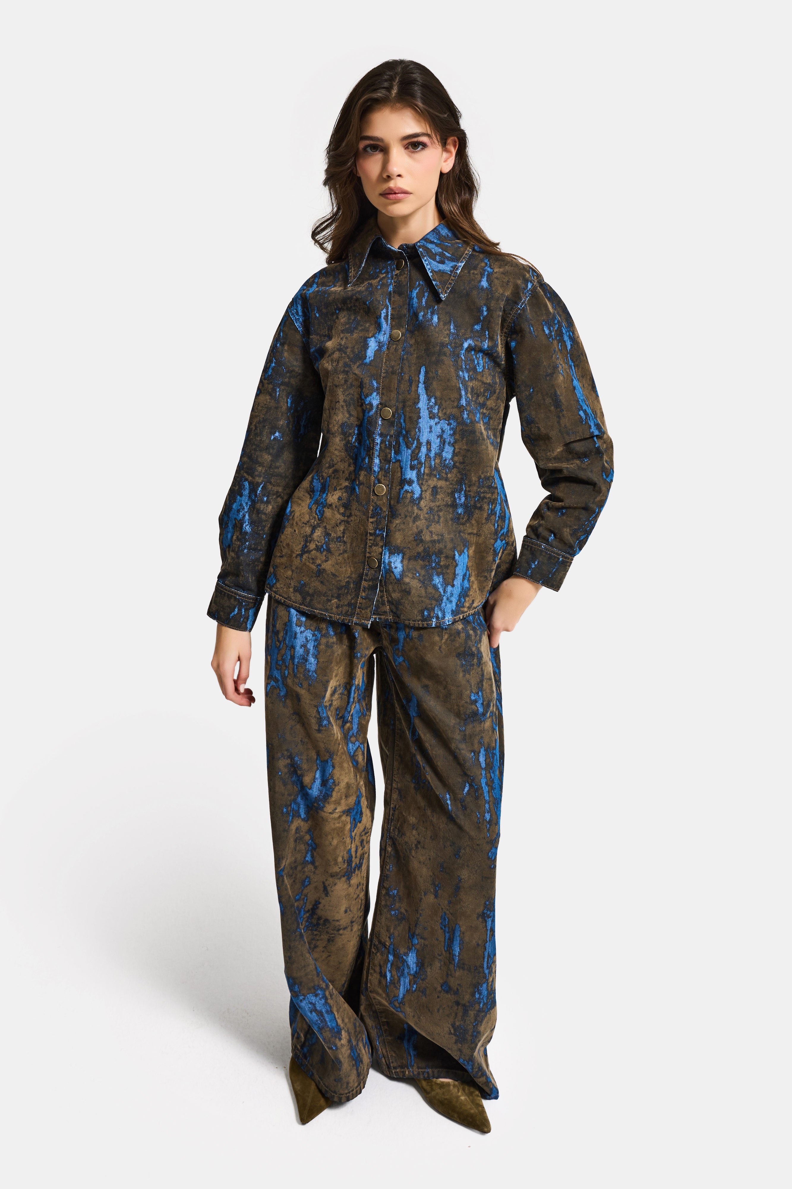 Kadın Kahve Mavi 1s6-15 Oversize Özel Flok Kumaş Tasarım Denim Gömlek