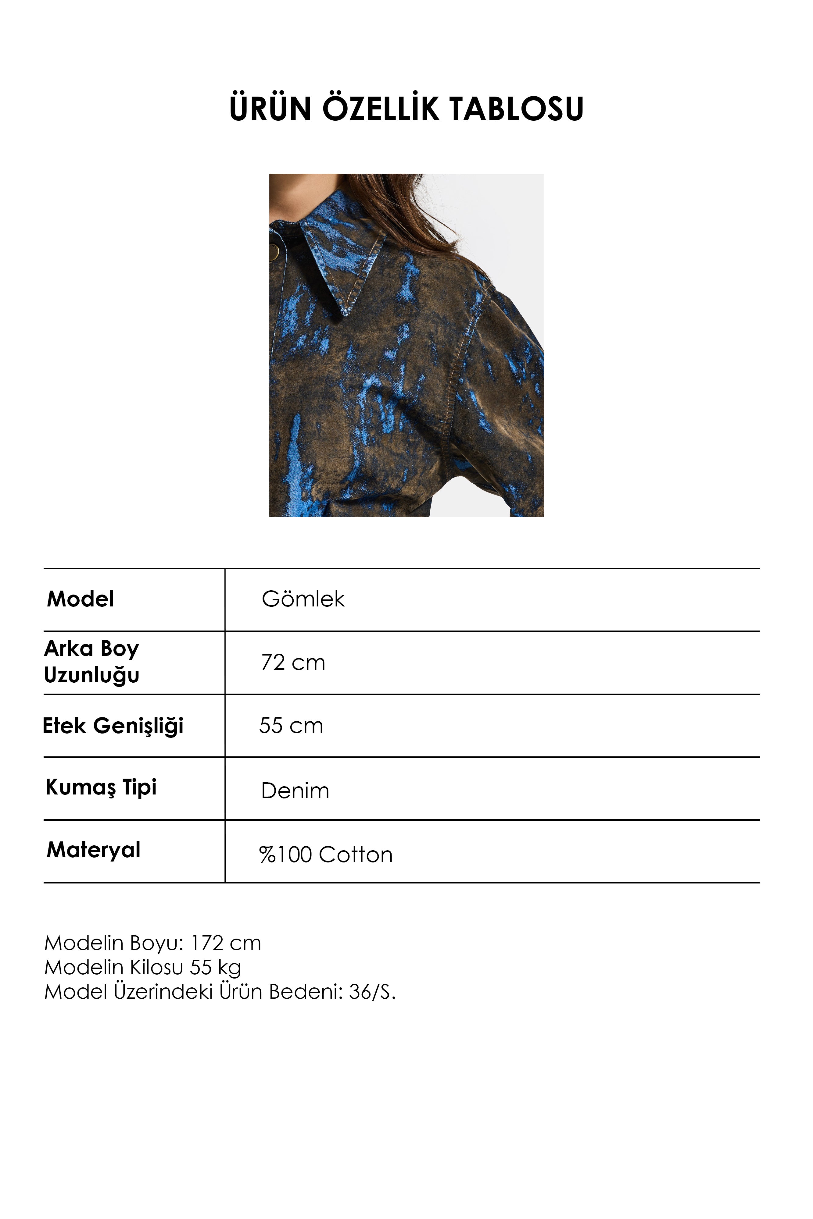 Kadın Kahve Mavi 1s6-15 Oversize Özel Flok Kumaş Tasarım Denim Gömlek