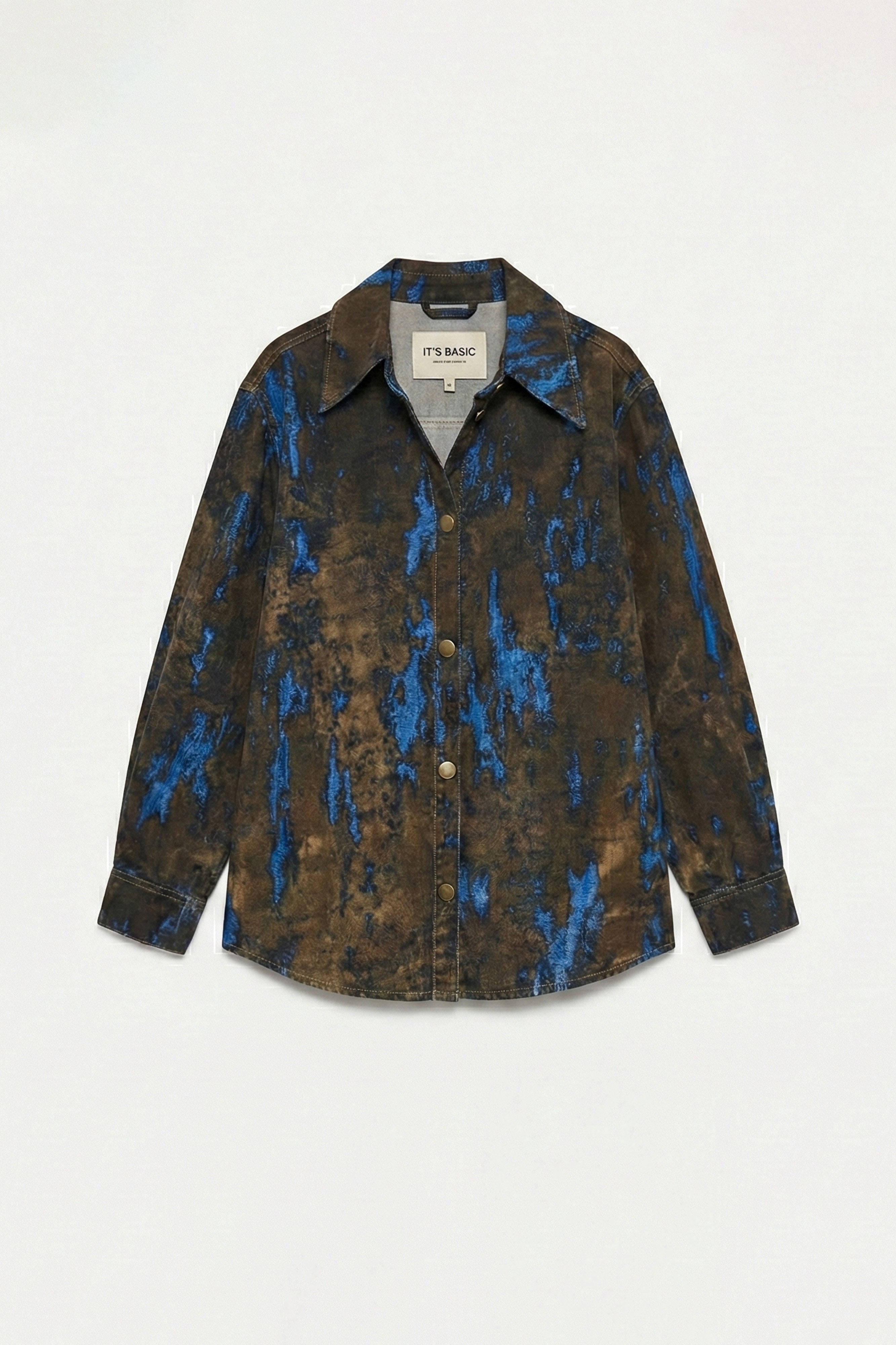 Kadın Kahve Mavi 1s6-15 Oversize Özel Flok Kumaş Tasarım Denim Gömlek