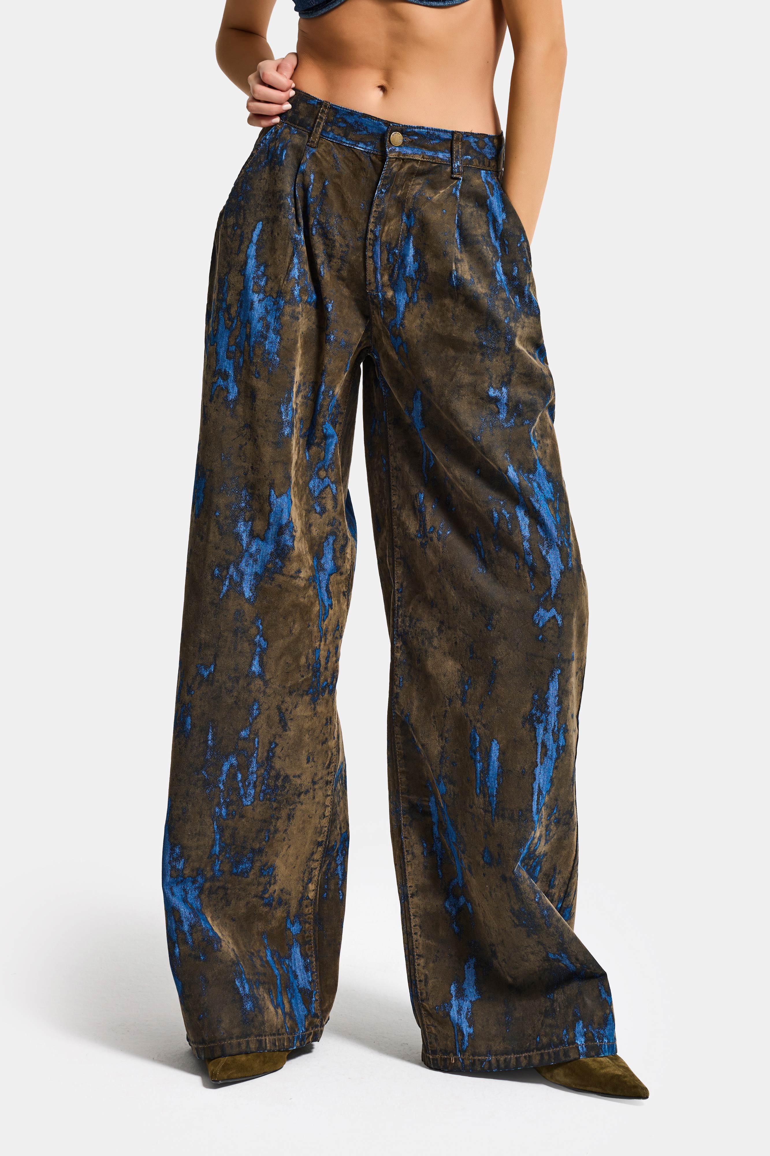 Kadın Kahve Mavi 1s6-15 Palazzo Fit Bol Kesim Özel Flok Kumaş Tasarım Denim Jean