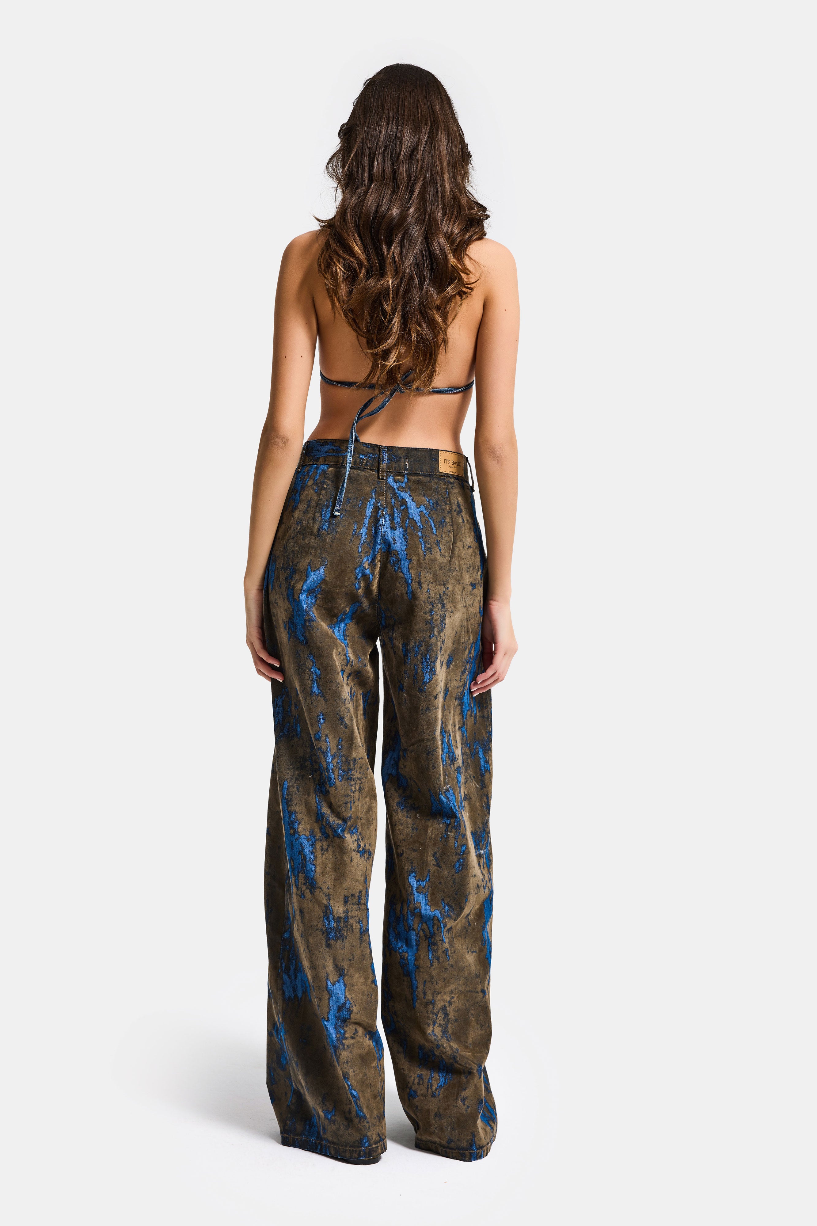 Kadın Kahve Mavi 1s6-15 Palazzo Fit Bol Kesim Özel Flok Kumaş Tasarım Denim Jean