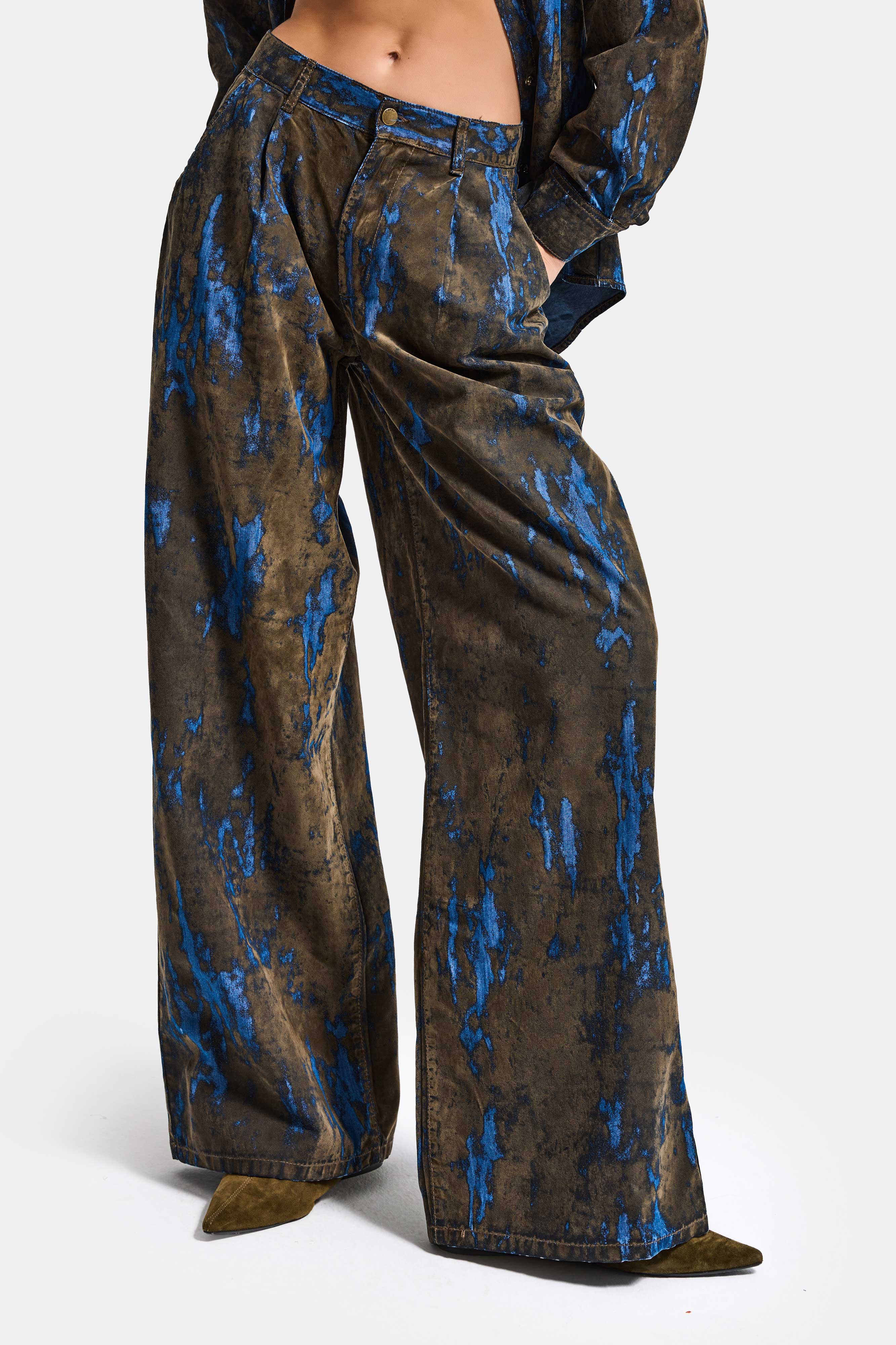 Kadın Kahve Mavi 1s6-15 Palazzo Fit Bol Kesim Özel Flok Kumaş Tasarım Denim Jean