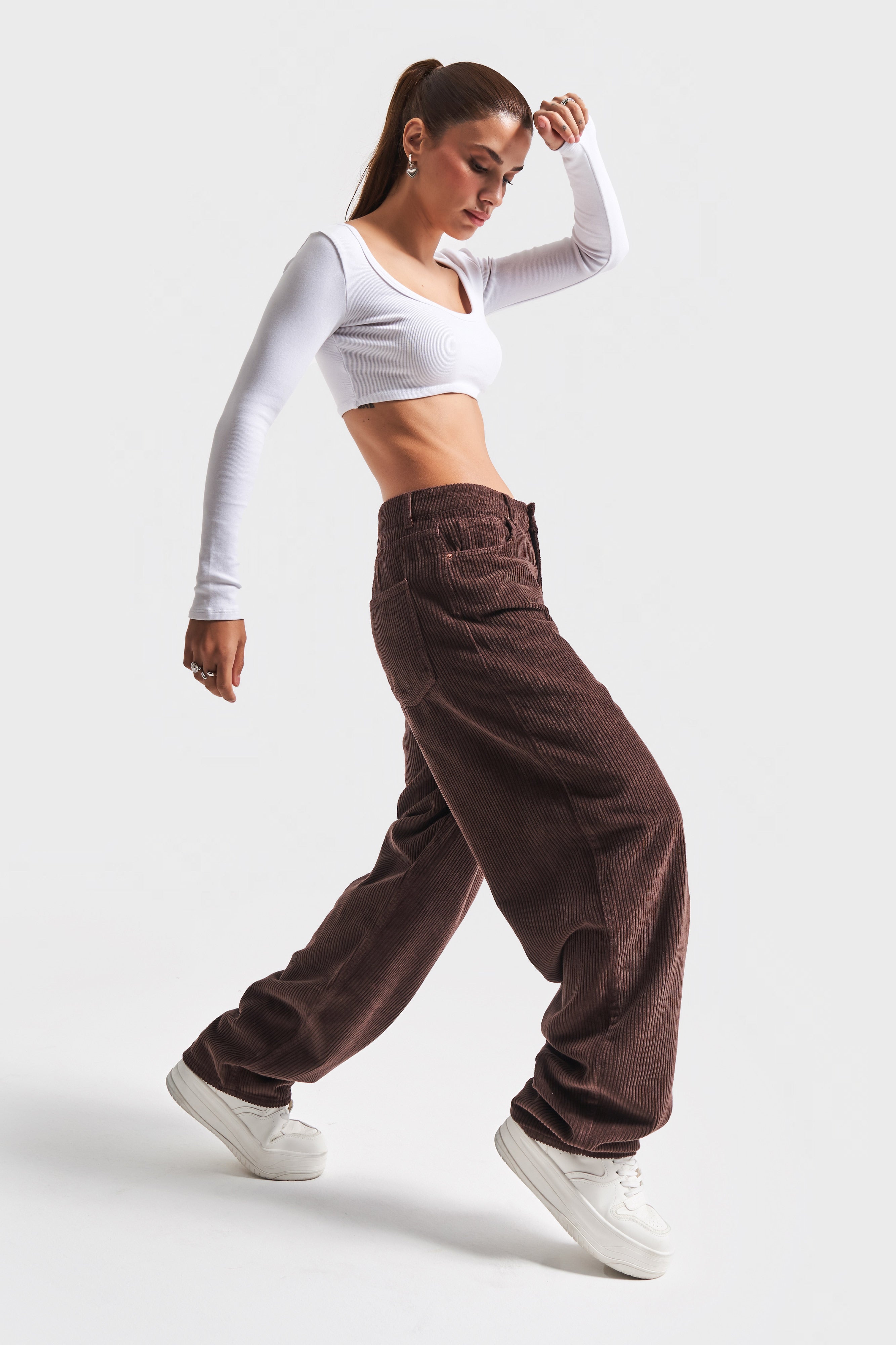 Women's Brown Color 29w416 Thick Ribbed Skater Fit Velvet Trousers
