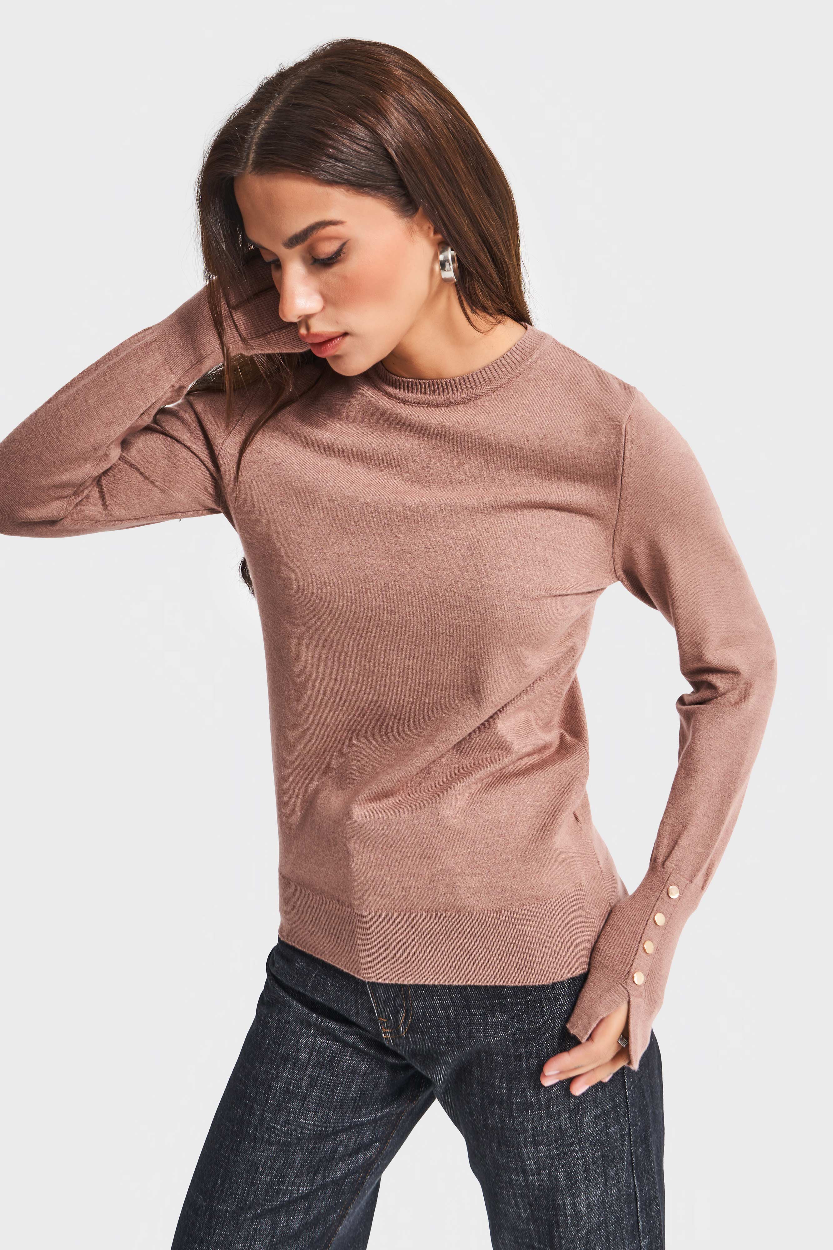 Kadın Kahve Renk w5-76 Örme Triko Kumaş Bisiklet Yaka Kol Aksesuarlı Triko