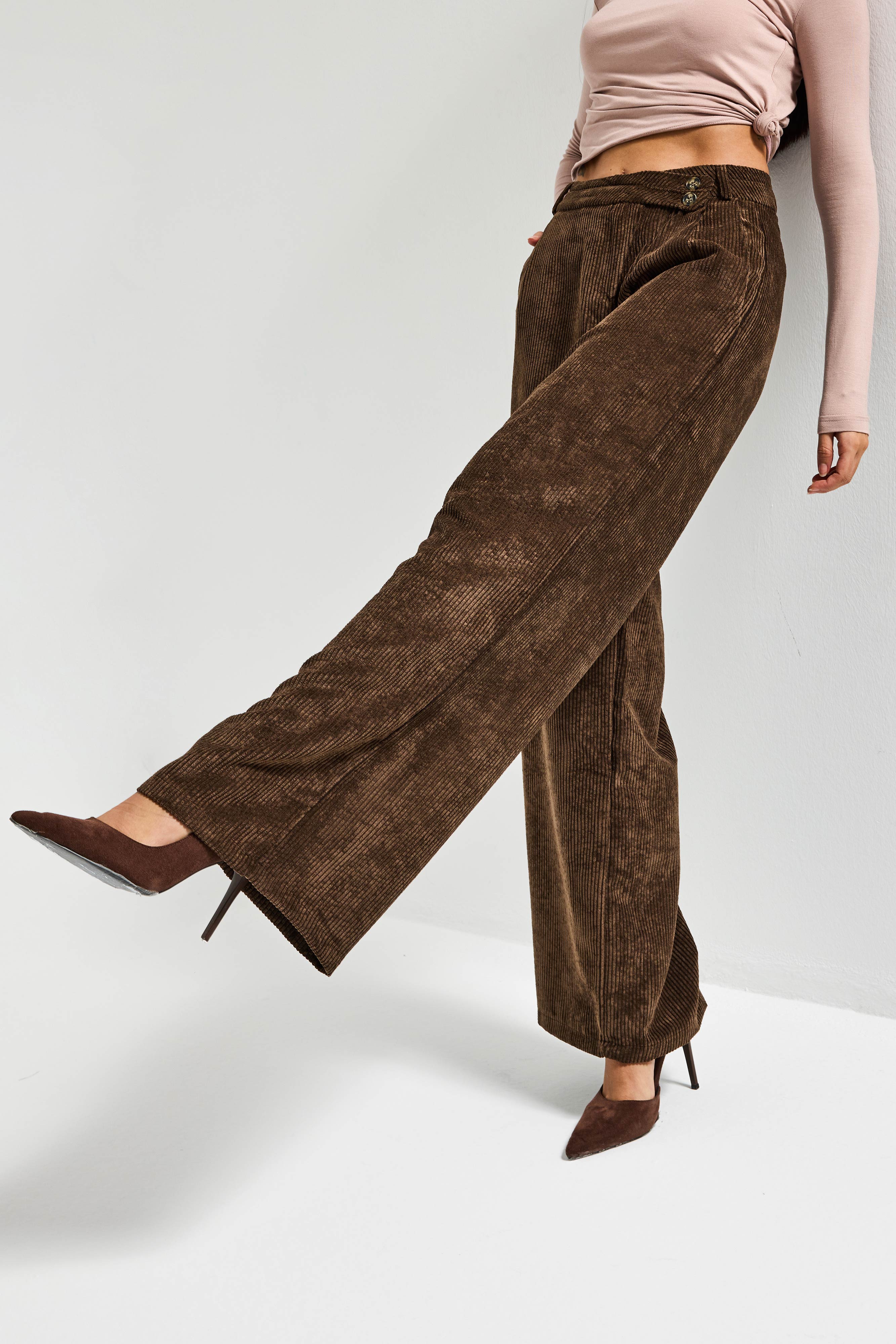 Kadın Kahve Renk w5-81 Palazzo Fit Kemer Detaylı Kalın Fitilli Velvet Kadife Kumaş Pantolon